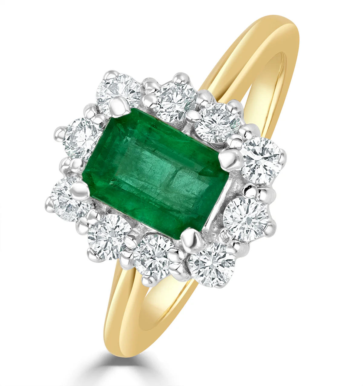 1.00ct Octagon Cut Emerald and Lab Diamond Halo Ring in 9K Yellow Gold