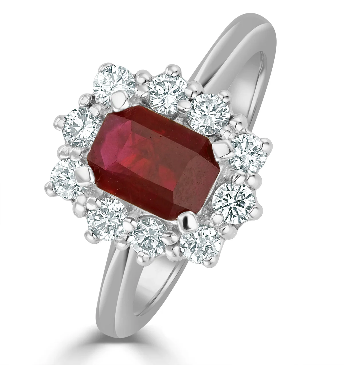 1.10ct Octagon Cut Ruby and Lab Diamond Halo Ring in 9K White Gold Ring
