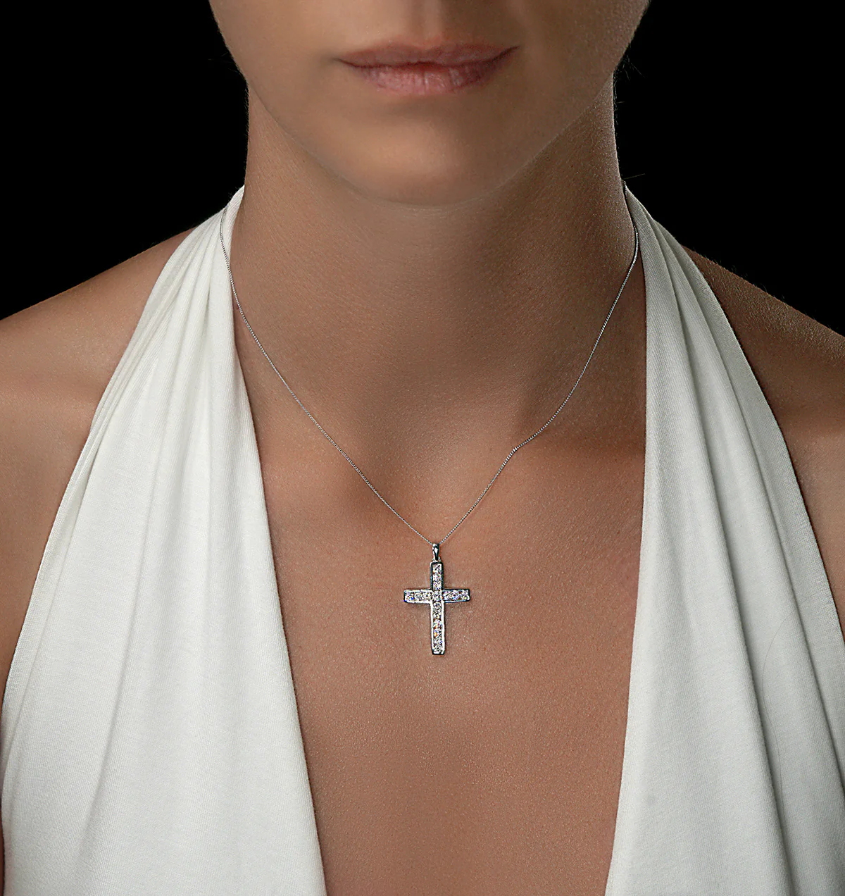 1ct Lab Diamond Cross Necklace Pendant H/Si Channel Set 9K White Gold - Image 2