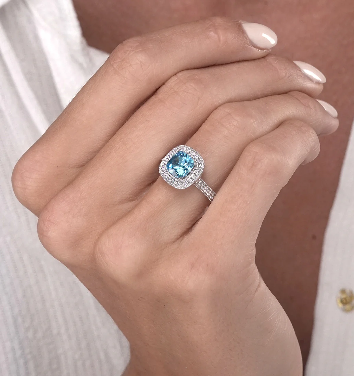 2.50ct Cushion Blue Topaz Lab Diamond Halo Asteria Ring 9K White Gold - Image 3