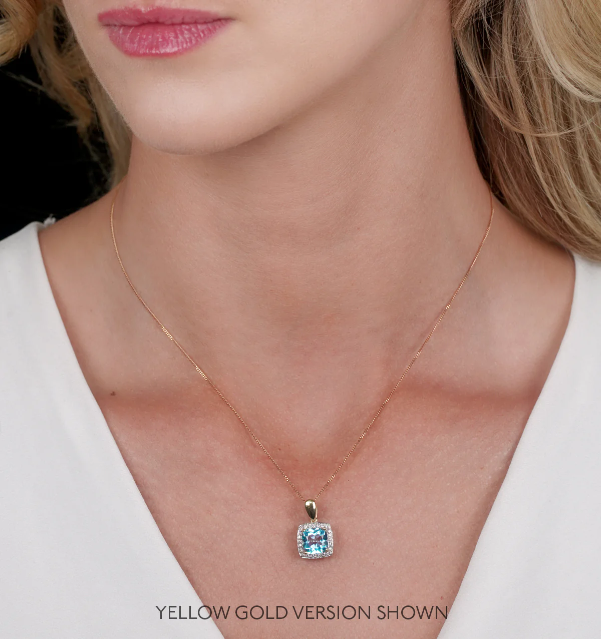 2ct Blue Topaz and Diamond Halo Square Asteria Necklace in 18KW Gold - Image 2