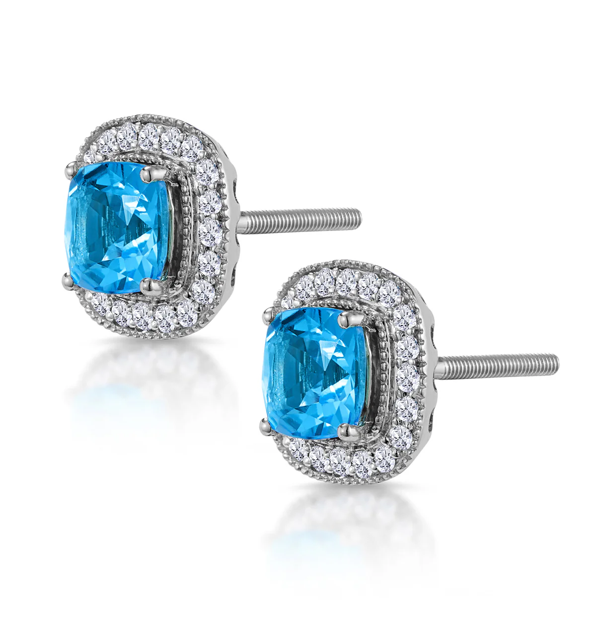 3ct Blue Topaz Asteria Diamond Halo Earrings in 18K White Gold - Image 2