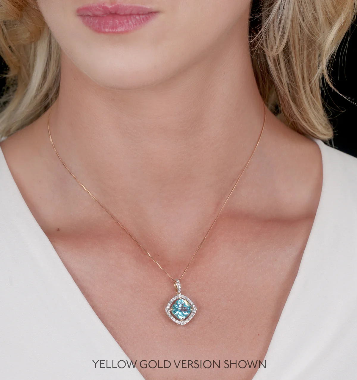 5.40ct Blue Topaz and Lab Diamond Halo Necklace in 9K White Gold - Image 2