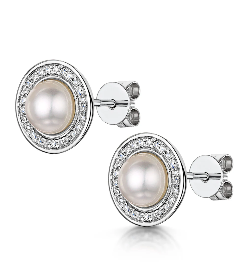5.5mm Pearl and Diamond Stellato Earrings 0.14ct in 9K White Gold - Image 3