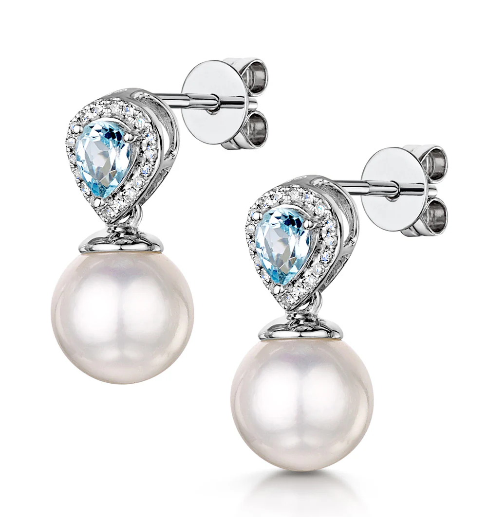 7.5mm Pearl Blue Topaz and Diamond Stellato Earrings in 9K White Gold - Image 3