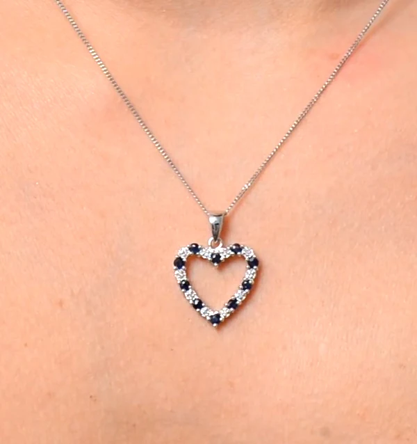 9K White Gold 0.03ct Diamond and Sapphire Heart Pendant Necklace - Image 3