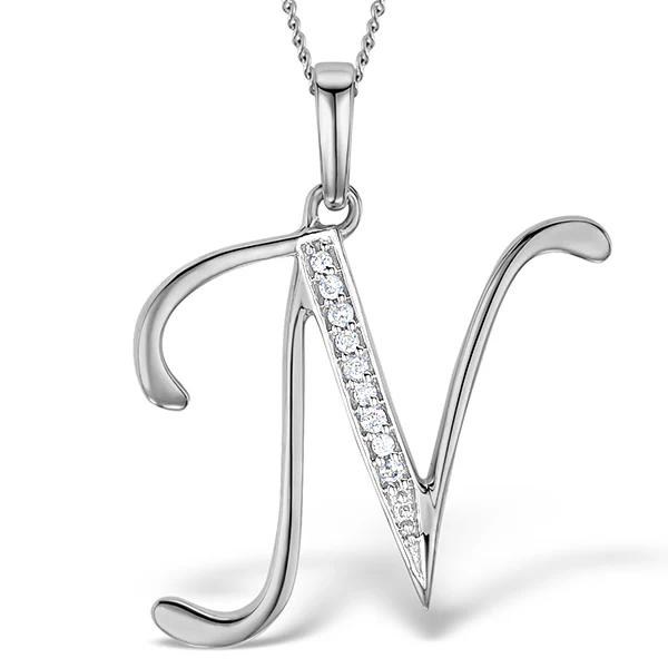 9K White Gold Diamond Initial 'N' Necklace 0.05ct