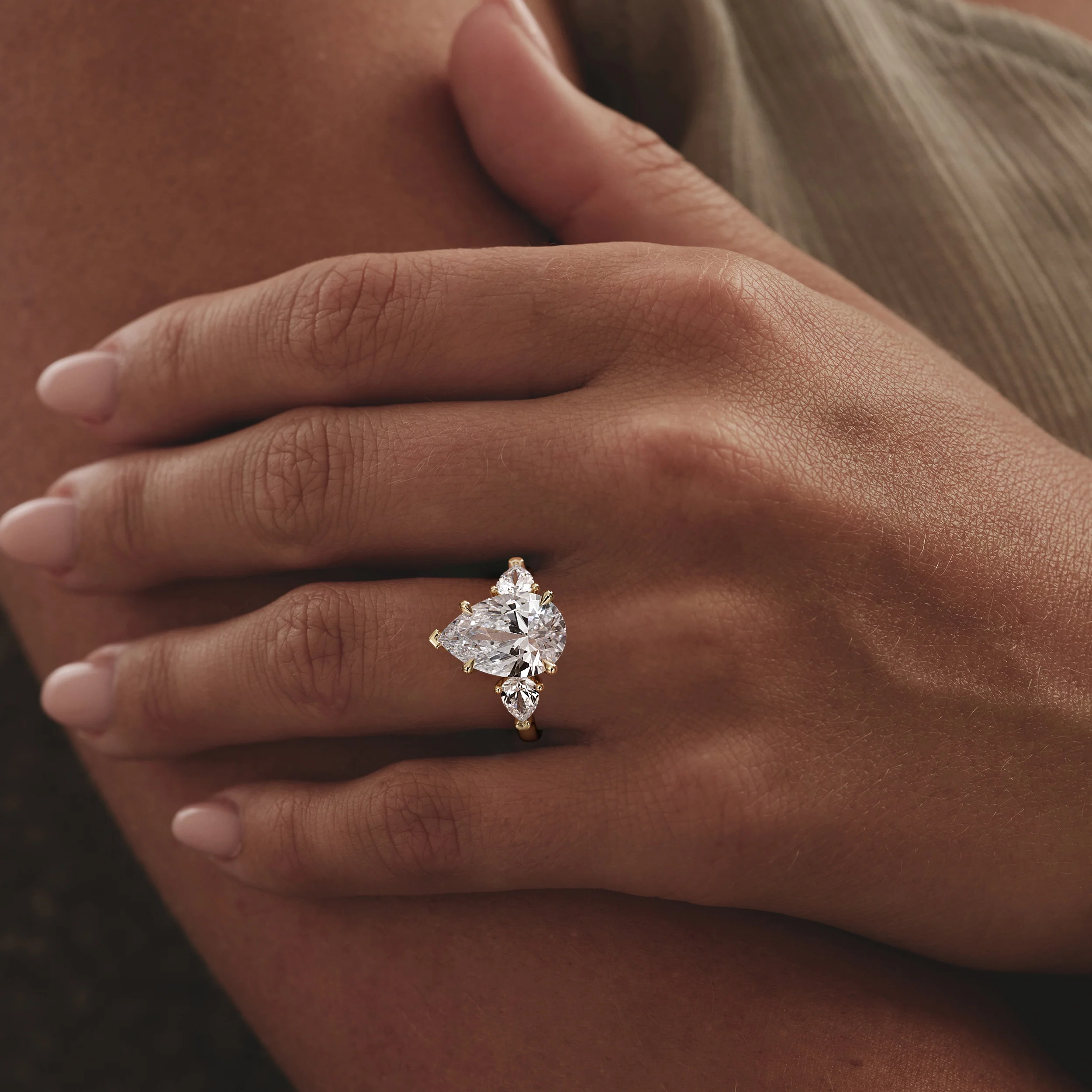 Adore 6.00ct Pear Cut Lab Diamond 3 Stone Engagement Ring in 18K Yellow Gold - Image 2