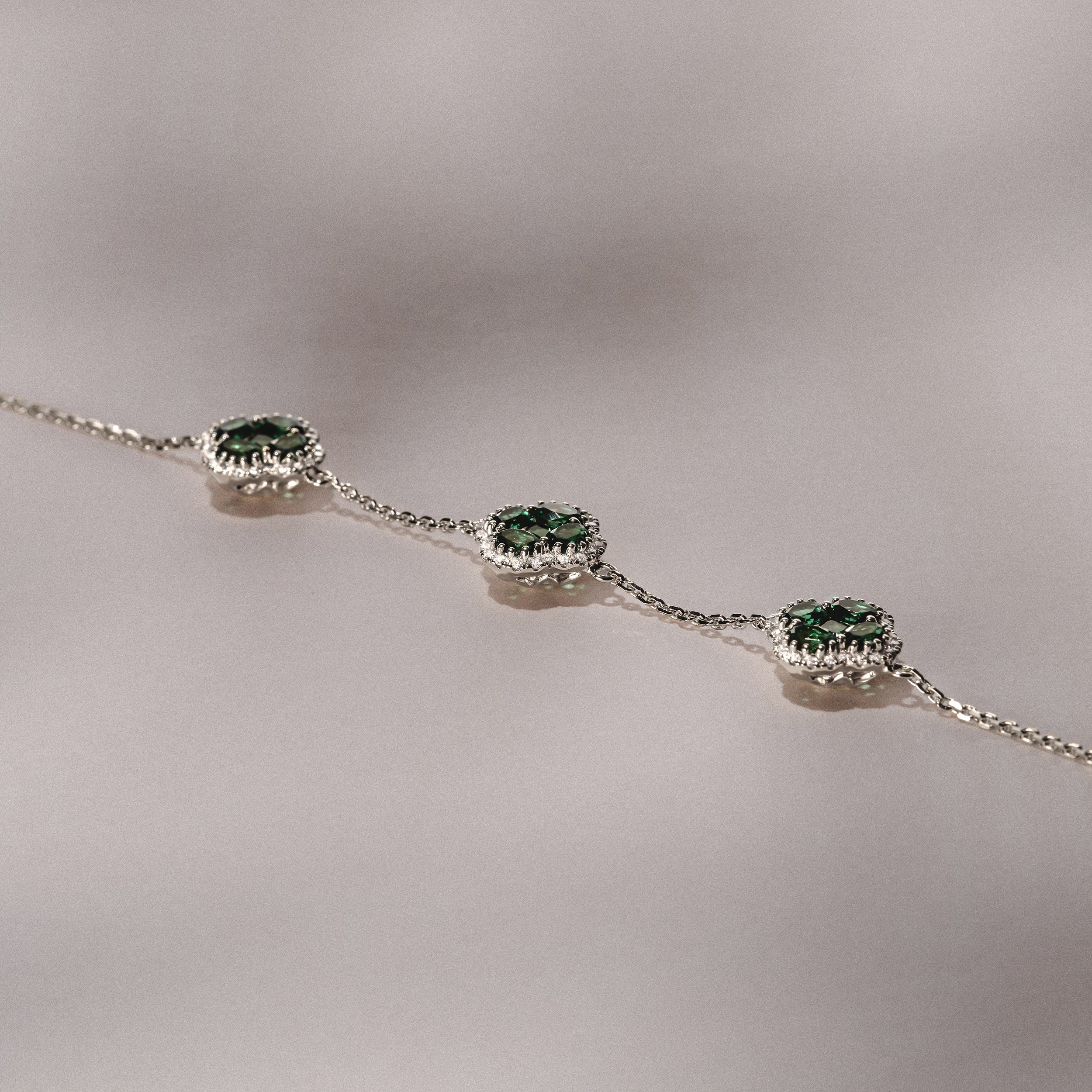 Alegria 2.25ct Lab Emerald 3 Clover Halo Bracelet in Sterling Silver - Image 3