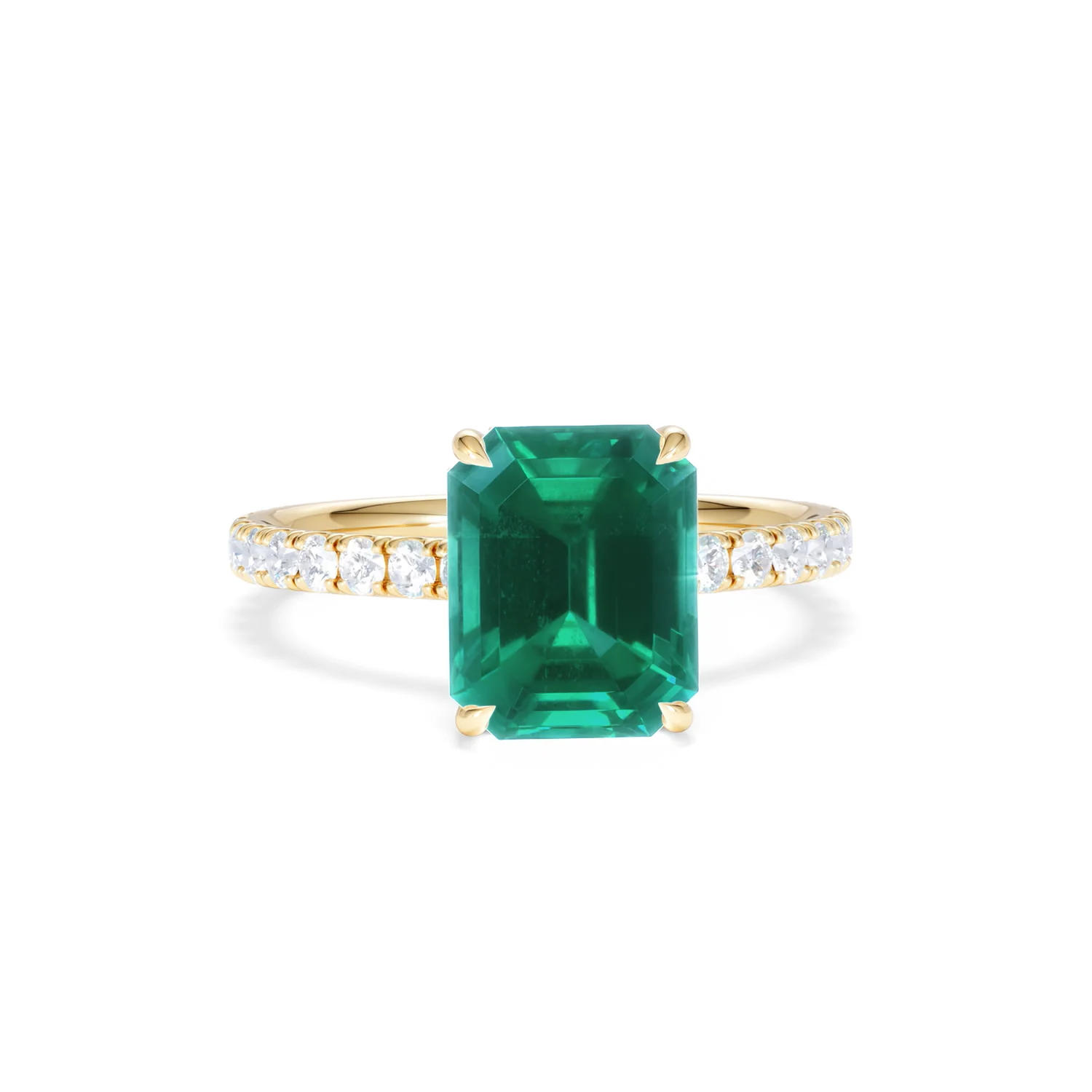 Amora Gem 2.00ct Emerald Cut Lab Emerald Hidden Halo Engagement Ring with Side Stones in 18K Yellow Gold - Image 10