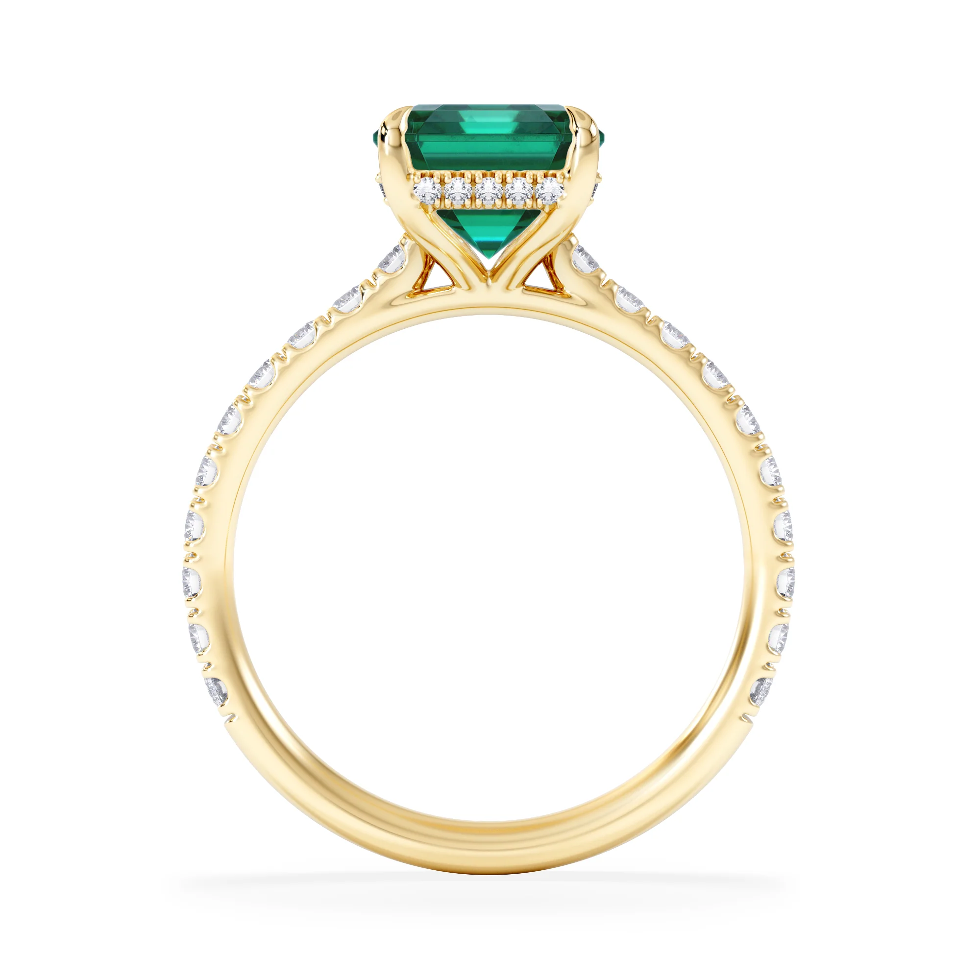 Amora Gem 2.00ct Emerald Cut Lab Emerald Hidden Halo Engagement Ring with Side Stones in 18K Yellow Gold - Image 3