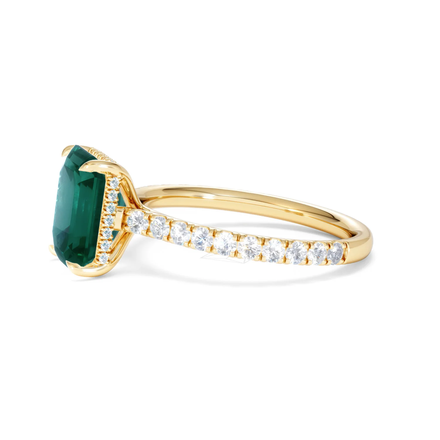 Amora Gem 2.00ct Emerald Cut Lab Emerald Hidden Halo Engagement Ring with Side Stones in 18K Yellow Gold - Image 73