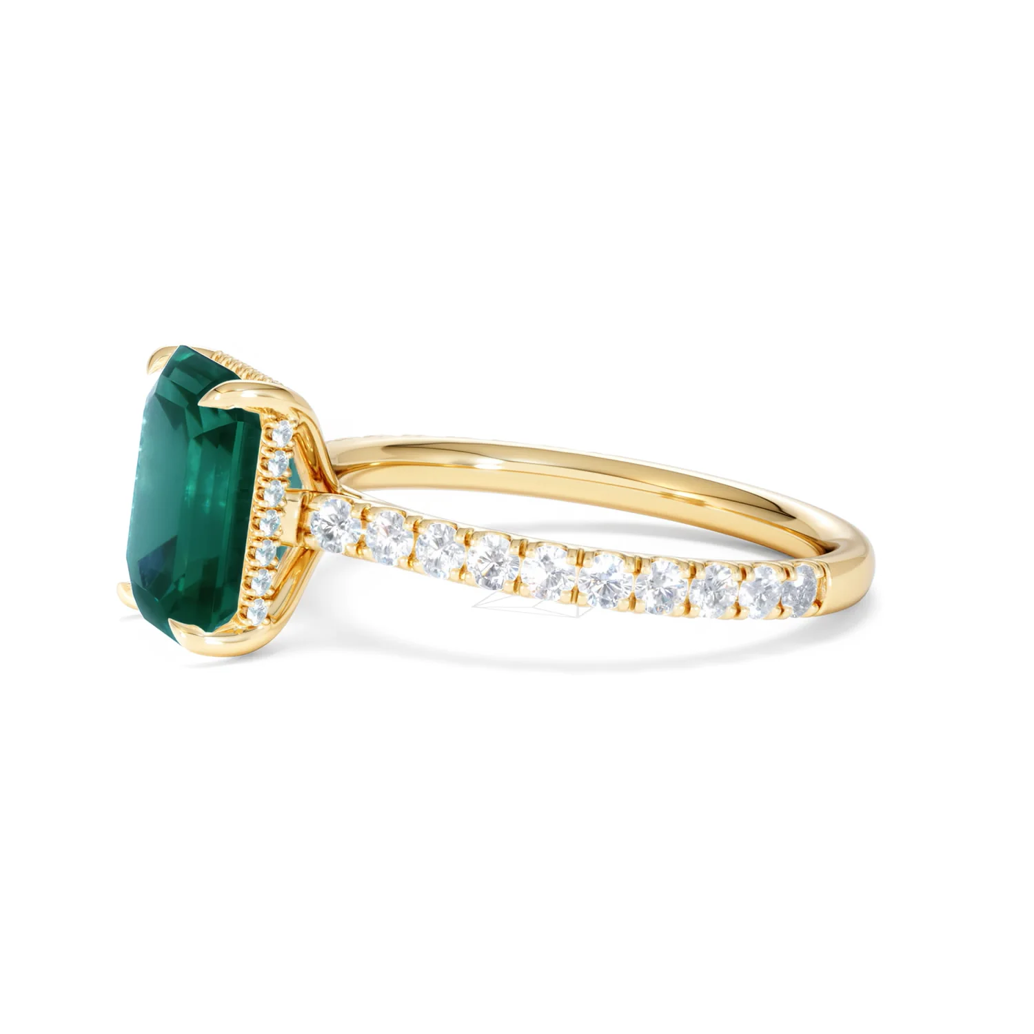 Amora Gem 2.00ct Emerald Cut Lab Emerald Hidden Halo Engagement Ring with Side Stones in 18K Yellow Gold - Image 74