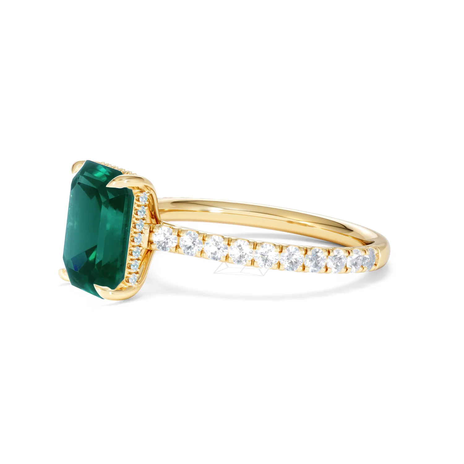 Amora Gem 2.00ct Emerald Cut Lab Emerald Hidden Halo Engagement Ring with Side Stones in 18K Yellow Gold - Image 76
