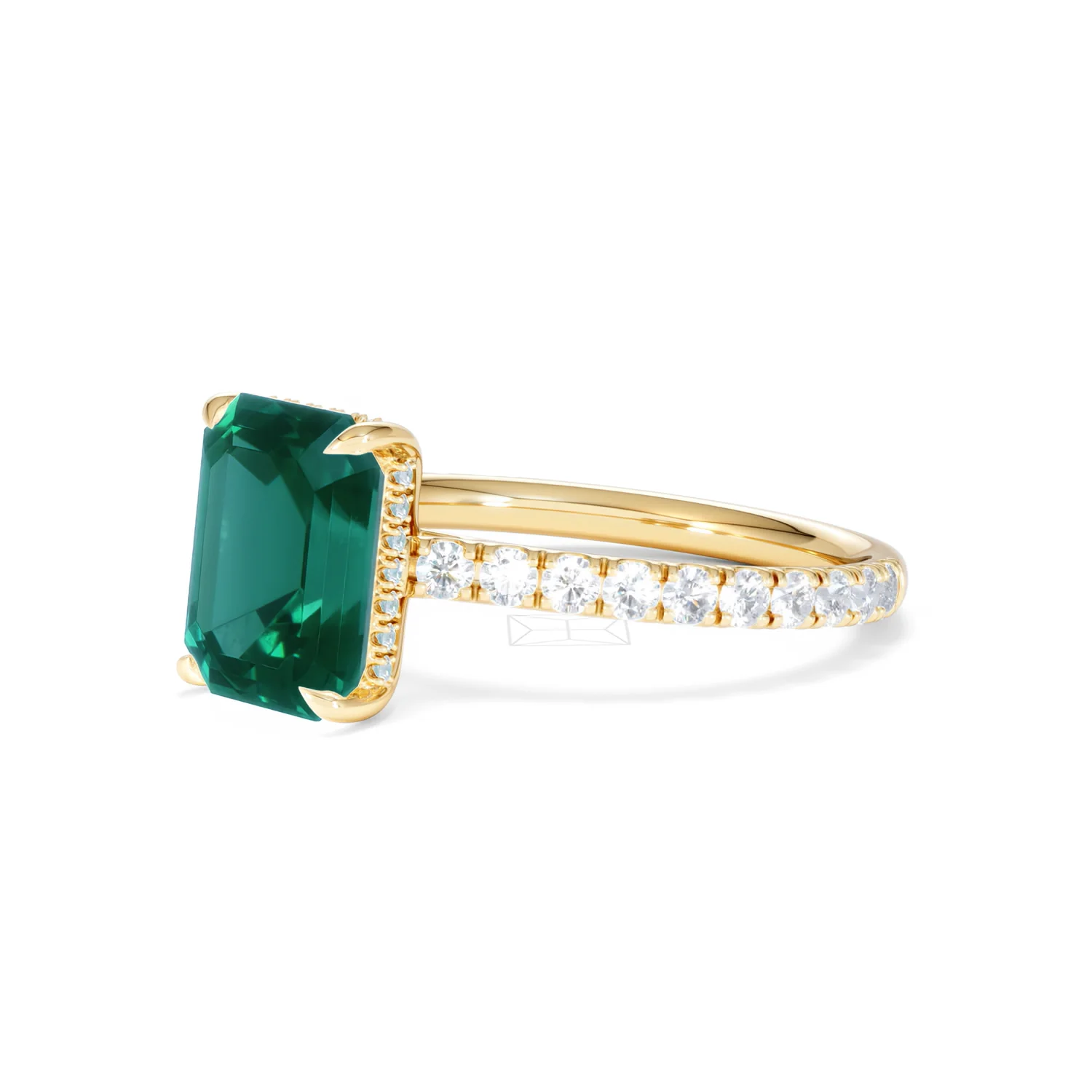 Amora Gem 2.00ct Emerald Cut Lab Emerald Hidden Halo Engagement Ring with Side Stones in 18K Yellow Gold - Image 79