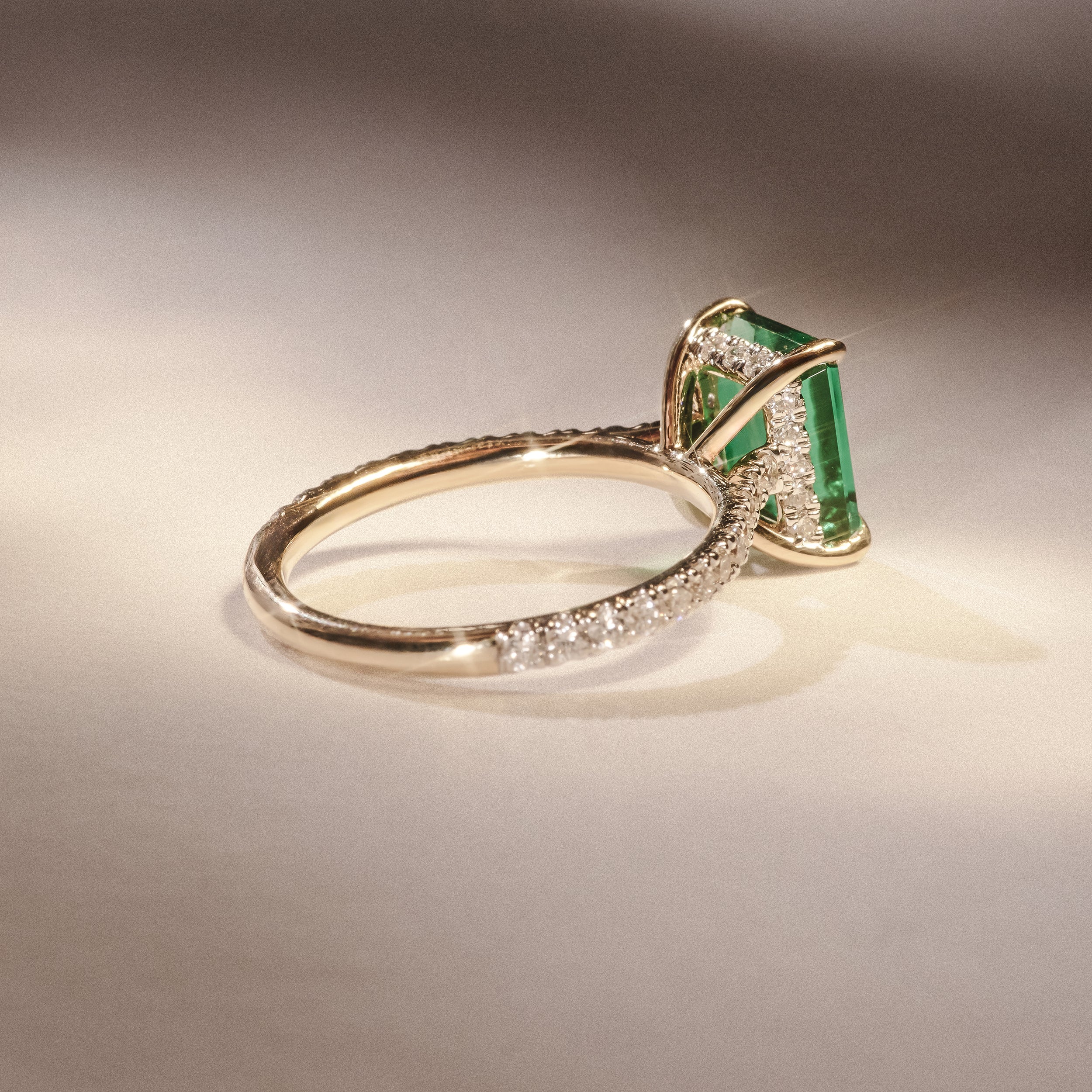 Amora Gem 2.00ct Emerald Cut Lab Emerald Hidden Halo Engagement Ring with Side Stones in 18K Yellow Gold - Image 8