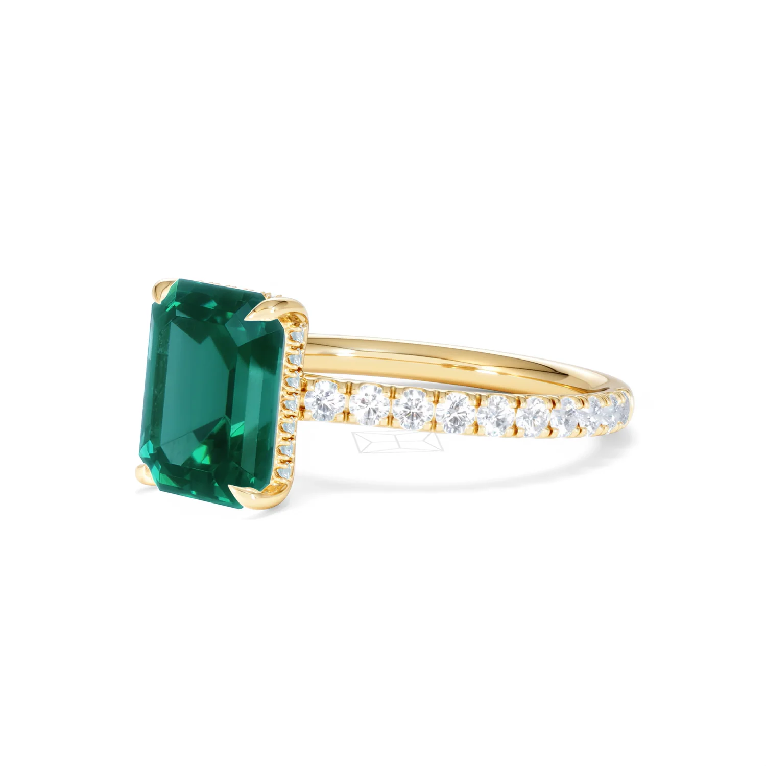 Amora Gem 2.00ct Emerald Cut Lab Emerald Hidden Halo Engagement Ring with Side Stones in 18K Yellow Gold - Image 80