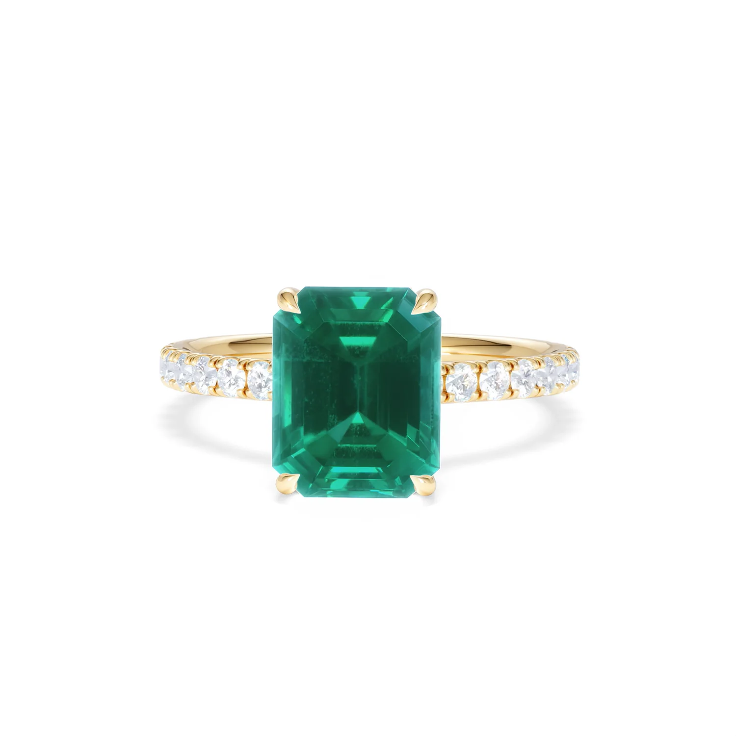 Amora Gem 2.00ct Emerald Cut Lab Emerald Hidden Halo Engagement Ring with Side Stones in 18K Yellow Gold - Image 88