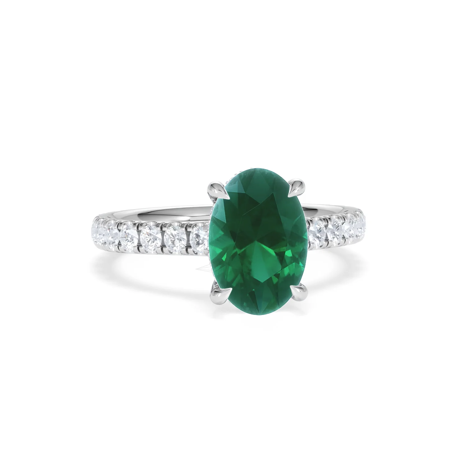 Amora Gem 2.00ct Oval Cut Lab Emerald Hidden Halo Engagement Ring with Side Stones in 18K White Gold - Image 10