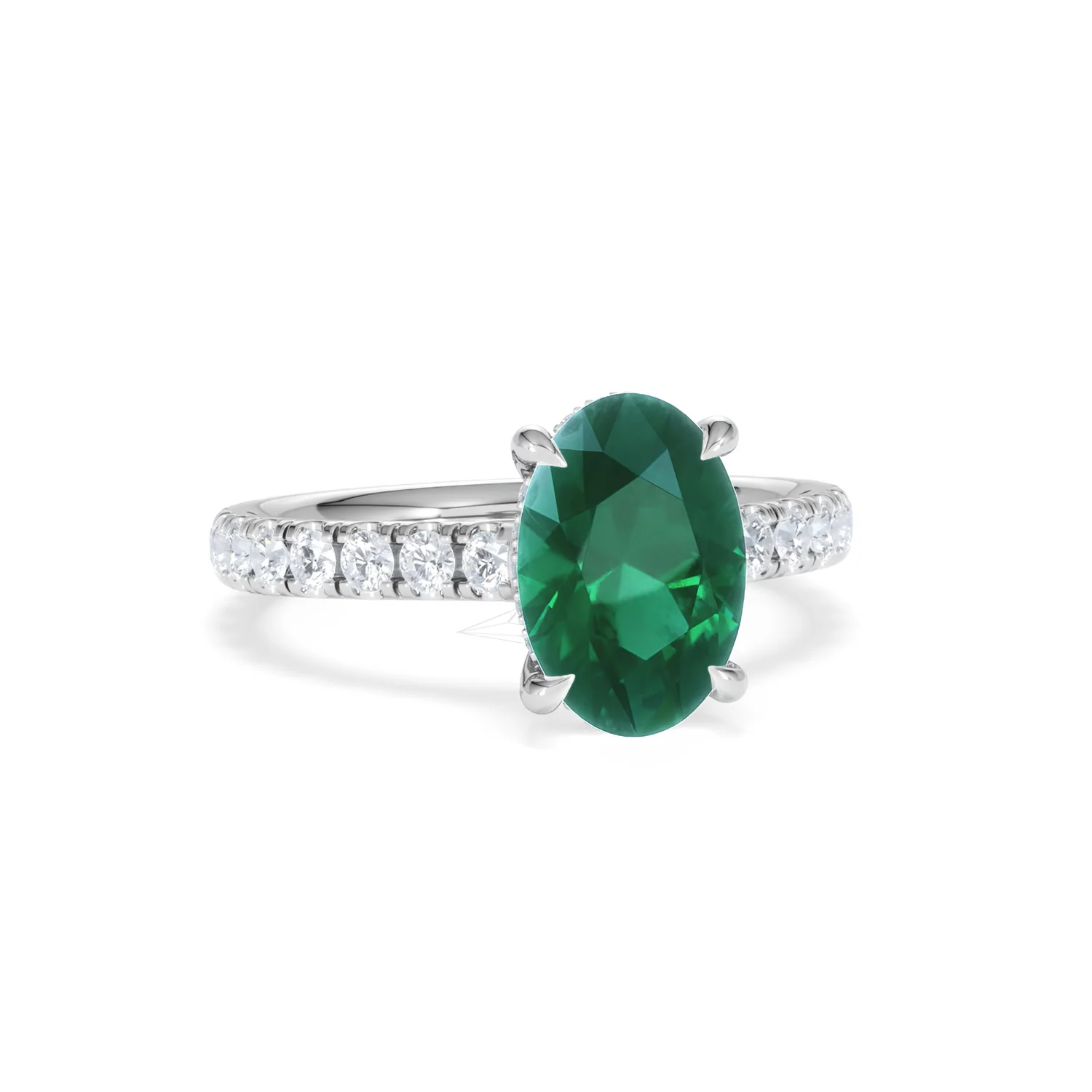 Amora Gem 2.00ct Oval Cut Lab Emerald Hidden Halo Engagement Ring with Side Stones in 18K White Gold - Image 11