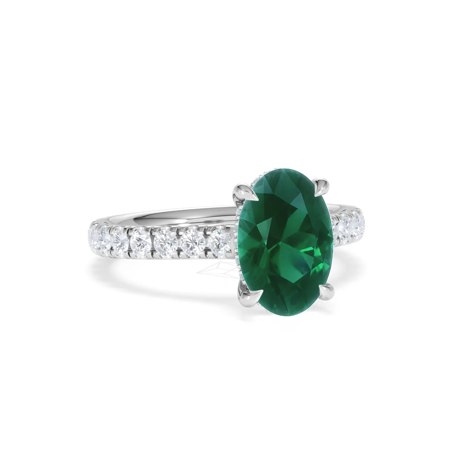 Amora Gem 2.00ct Oval Cut Lab Emerald Hidden Halo Engagement Ring with Side Stones in 18K White Gold - Image 12