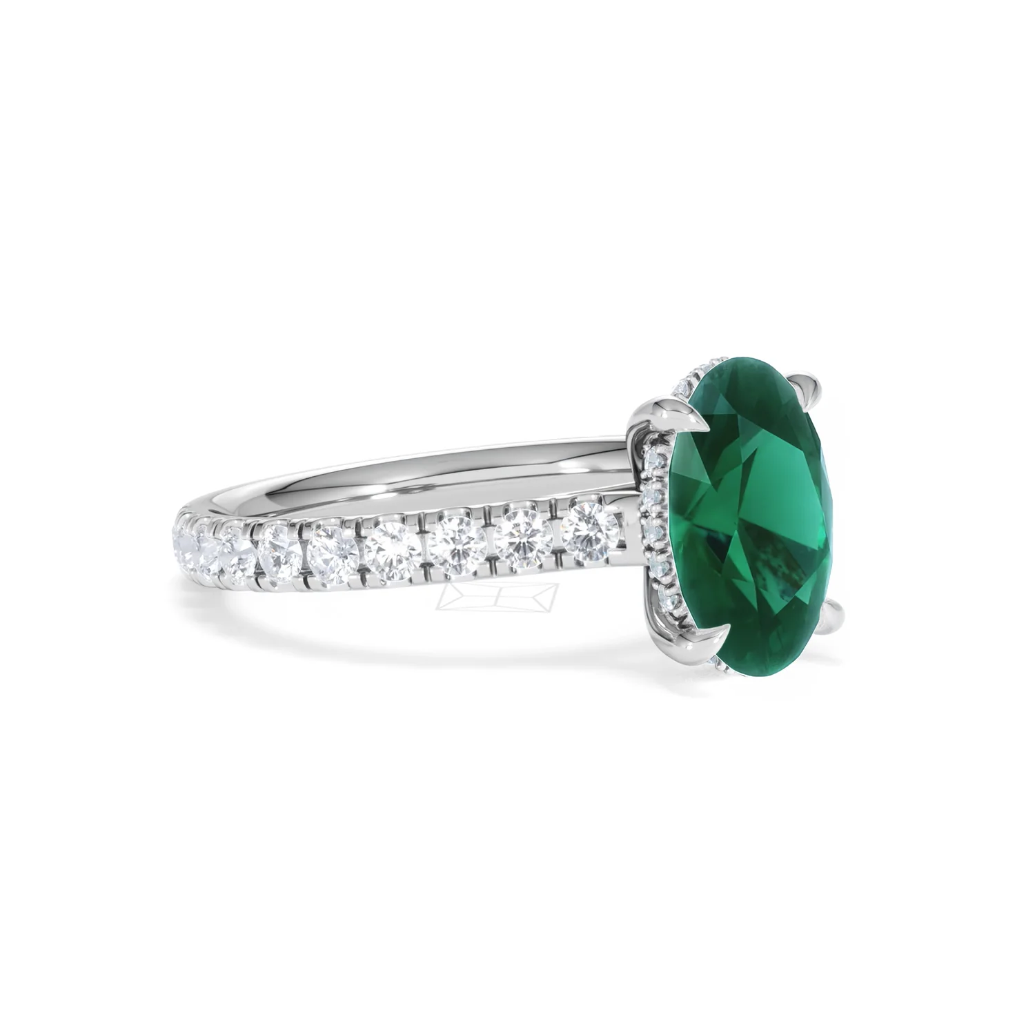 Amora Gem 2.00ct Oval Cut Lab Emerald Hidden Halo Engagement Ring with Side Stones in 18K White Gold - Image 17