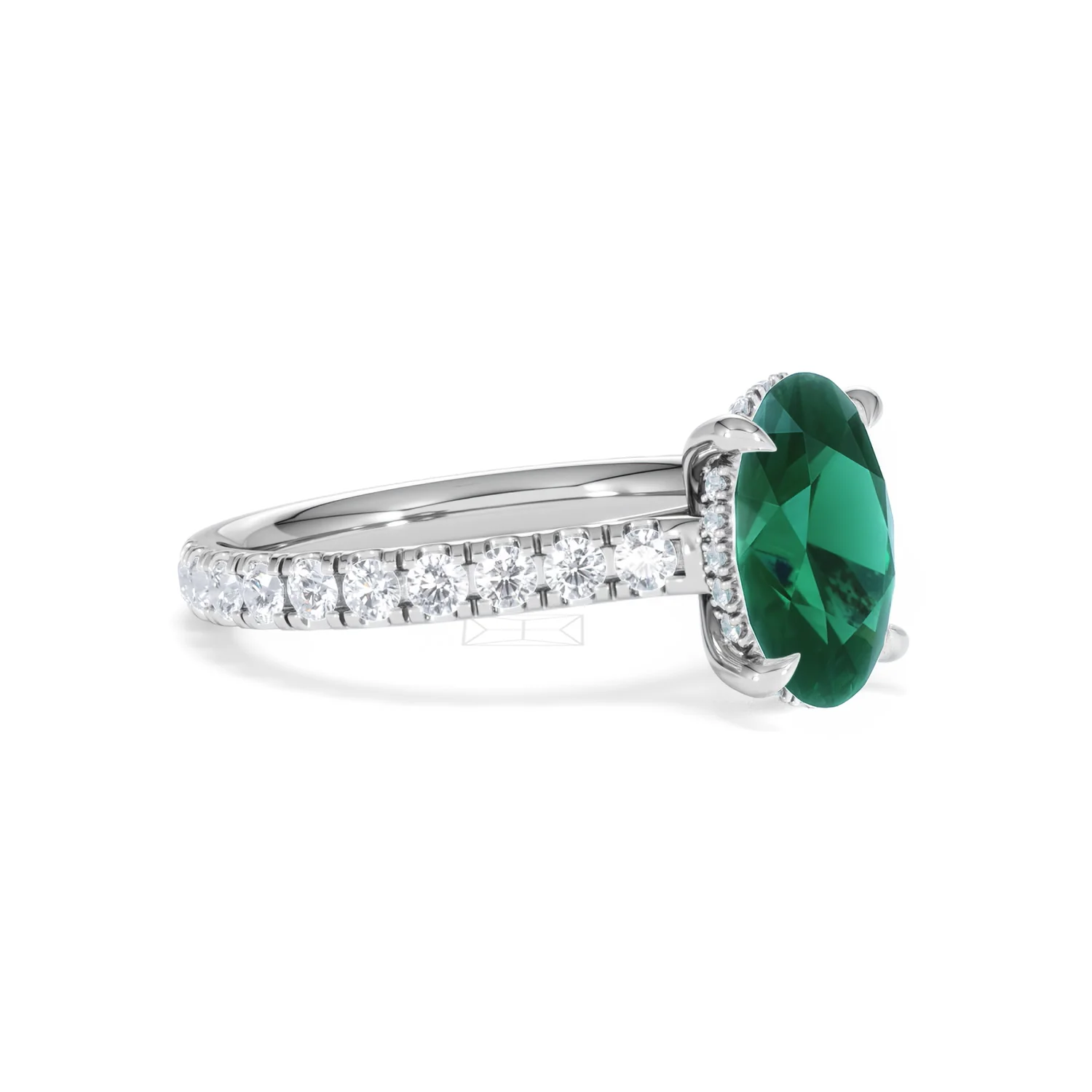 Amora Gem 2.00ct Oval Cut Lab Emerald Hidden Halo Engagement Ring with Side Stones in 18K White Gold - Image 18