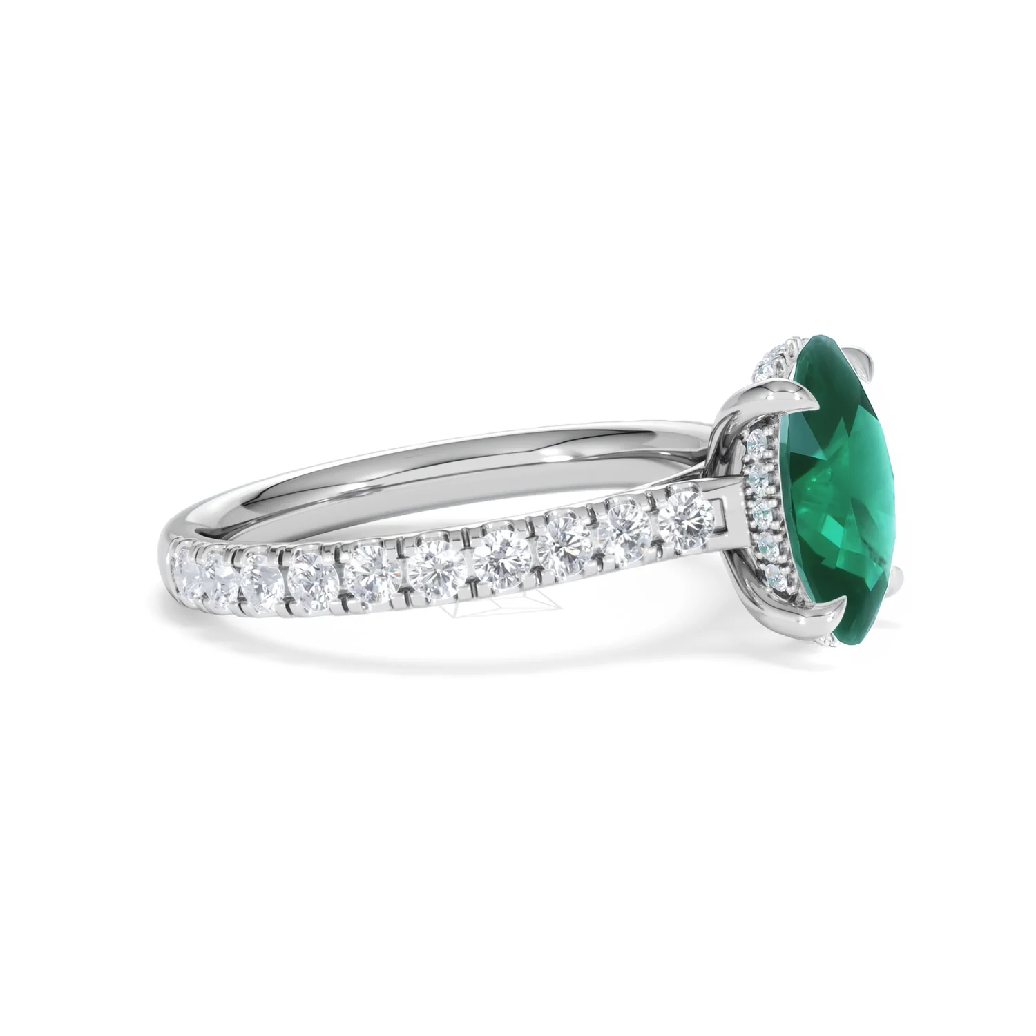 Amora Gem 2.00ct Oval Cut Lab Emerald Hidden Halo Engagement Ring with Side Stones in 18K White Gold - Image 22