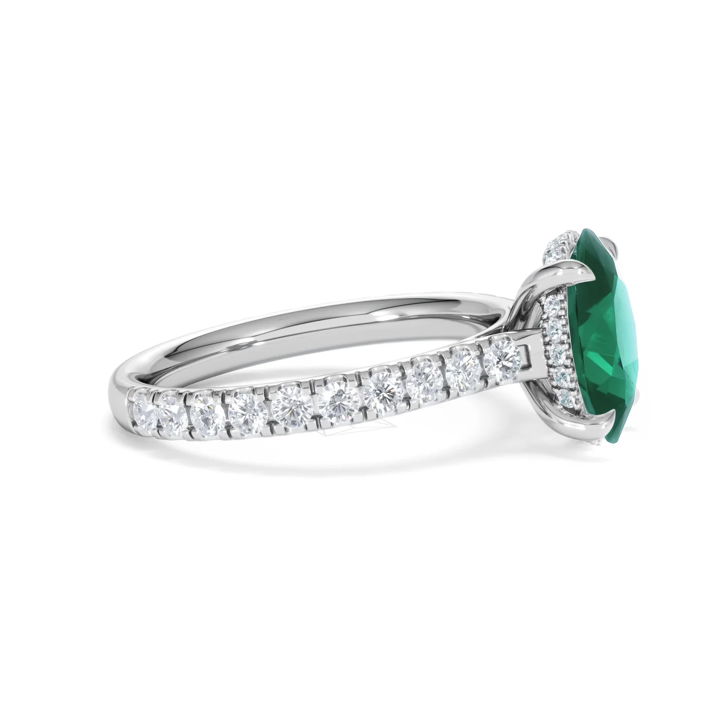 Amora Gem 2.00ct Oval Cut Lab Emerald Hidden Halo Engagement Ring with Side Stones in 18K White Gold - Image 24