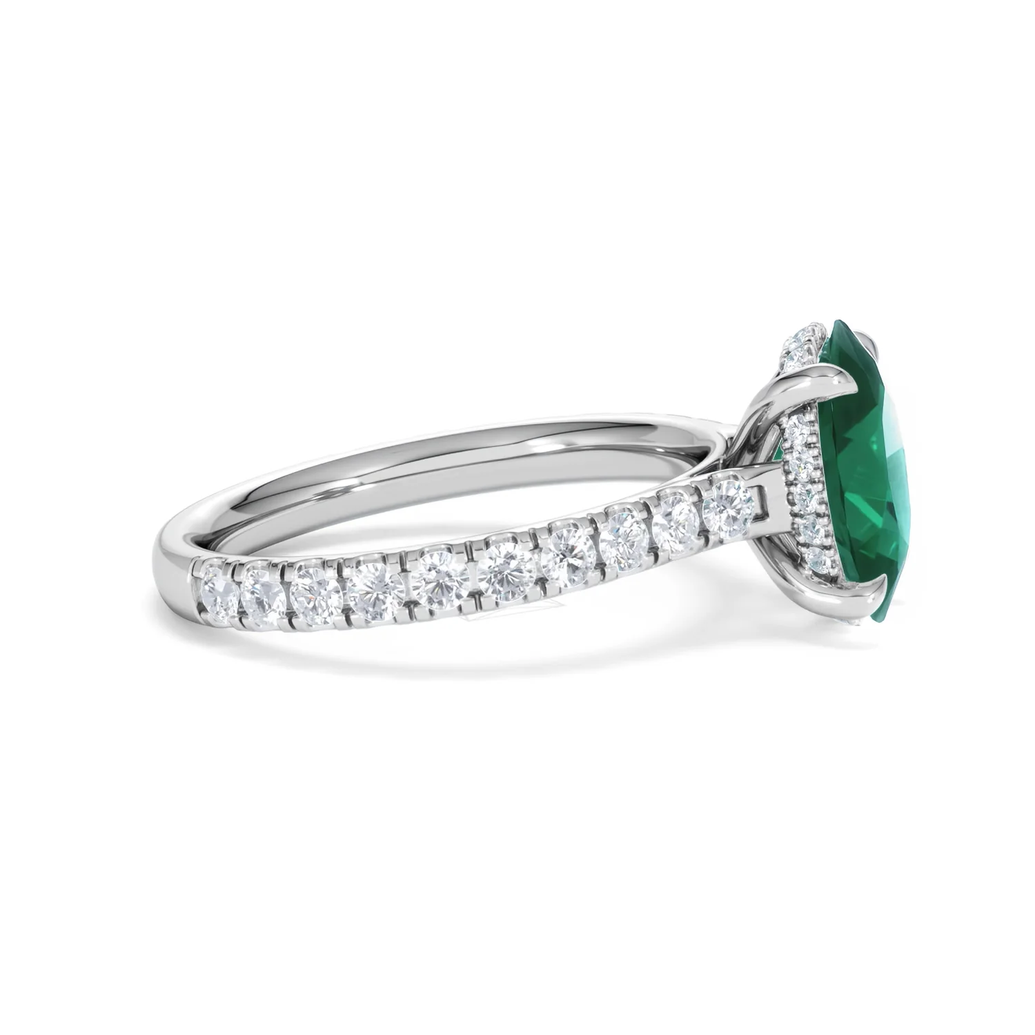 Amora Gem 2.00ct Oval Cut Lab Emerald Hidden Halo Engagement Ring with Side Stones in 18K White Gold - Image 25