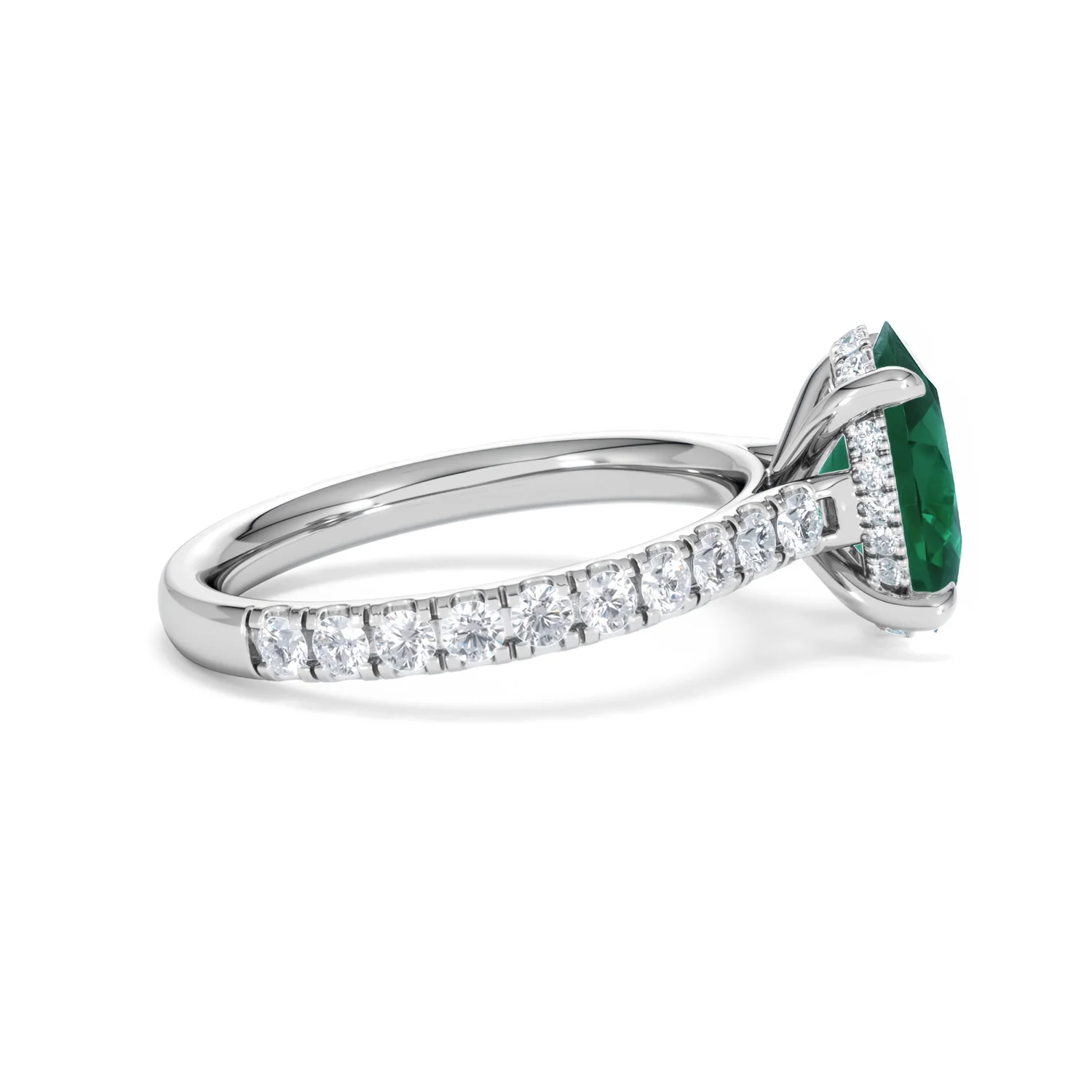 Amora Gem 2.00ct Oval Cut Lab Emerald Hidden Halo Engagement Ring with Side Stones in 18K White Gold - Image 28