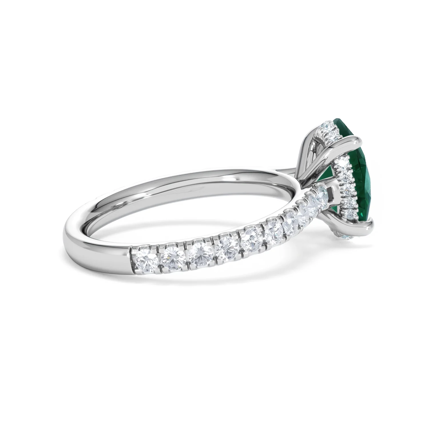 Amora Gem 2.00ct Oval Cut Lab Emerald Hidden Halo Engagement Ring with Side Stones in 18K White Gold - Image 32