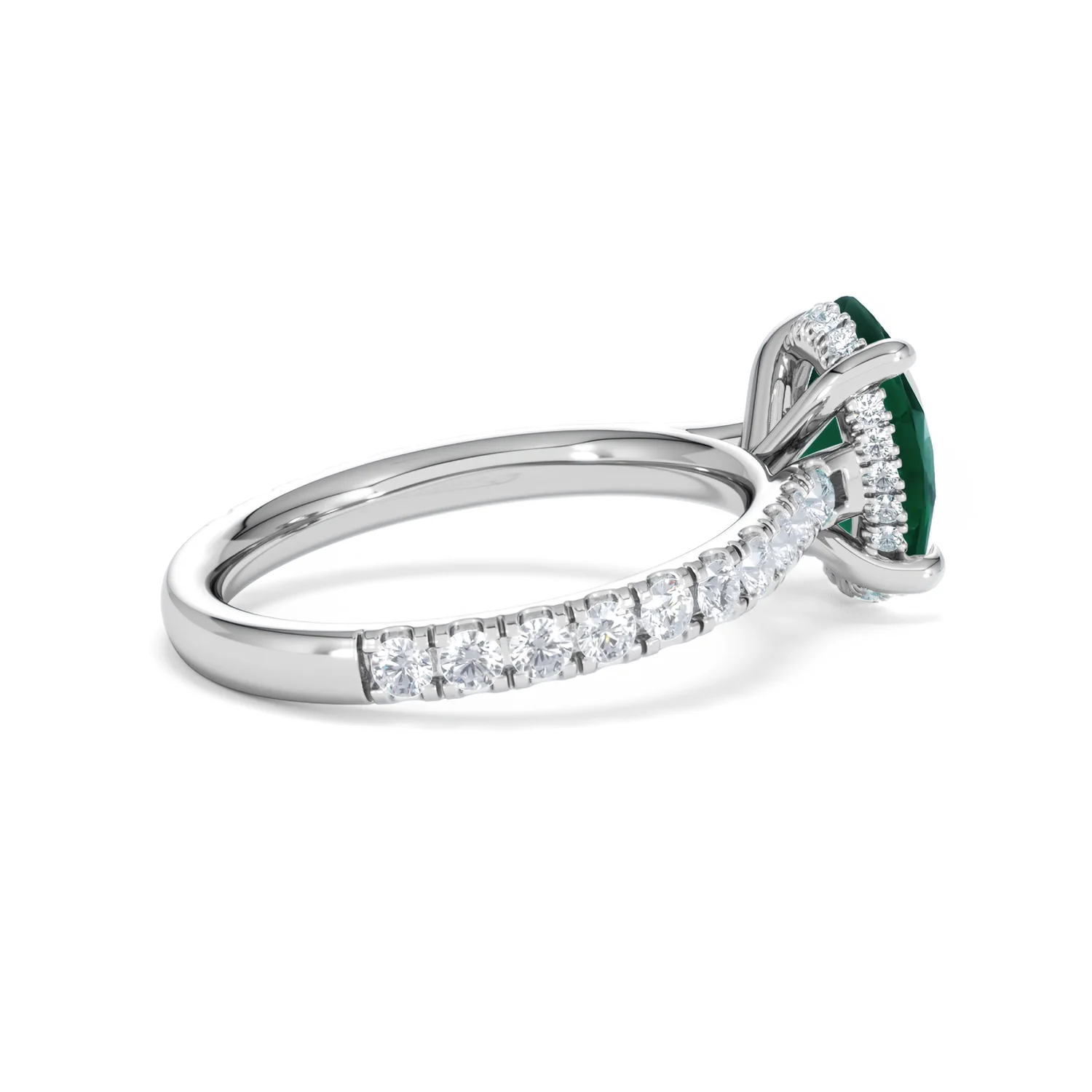 Amora Gem 2.00ct Oval Cut Lab Emerald Hidden Halo Engagement Ring with Side Stones in 18K White Gold - Image 33