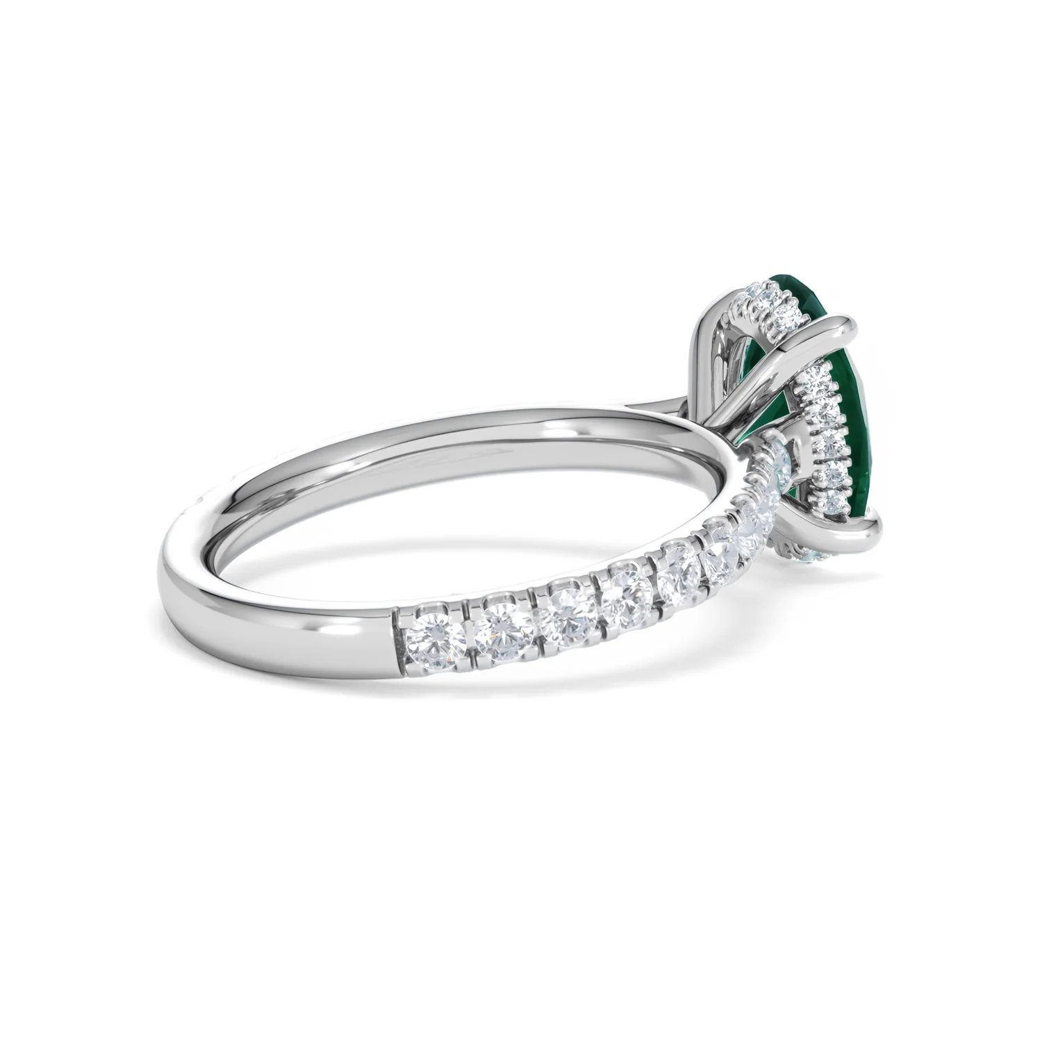 Amora Gem 2.00ct Oval Cut Lab Emerald Hidden Halo Engagement Ring with Side Stones in 18K White Gold - Image 35