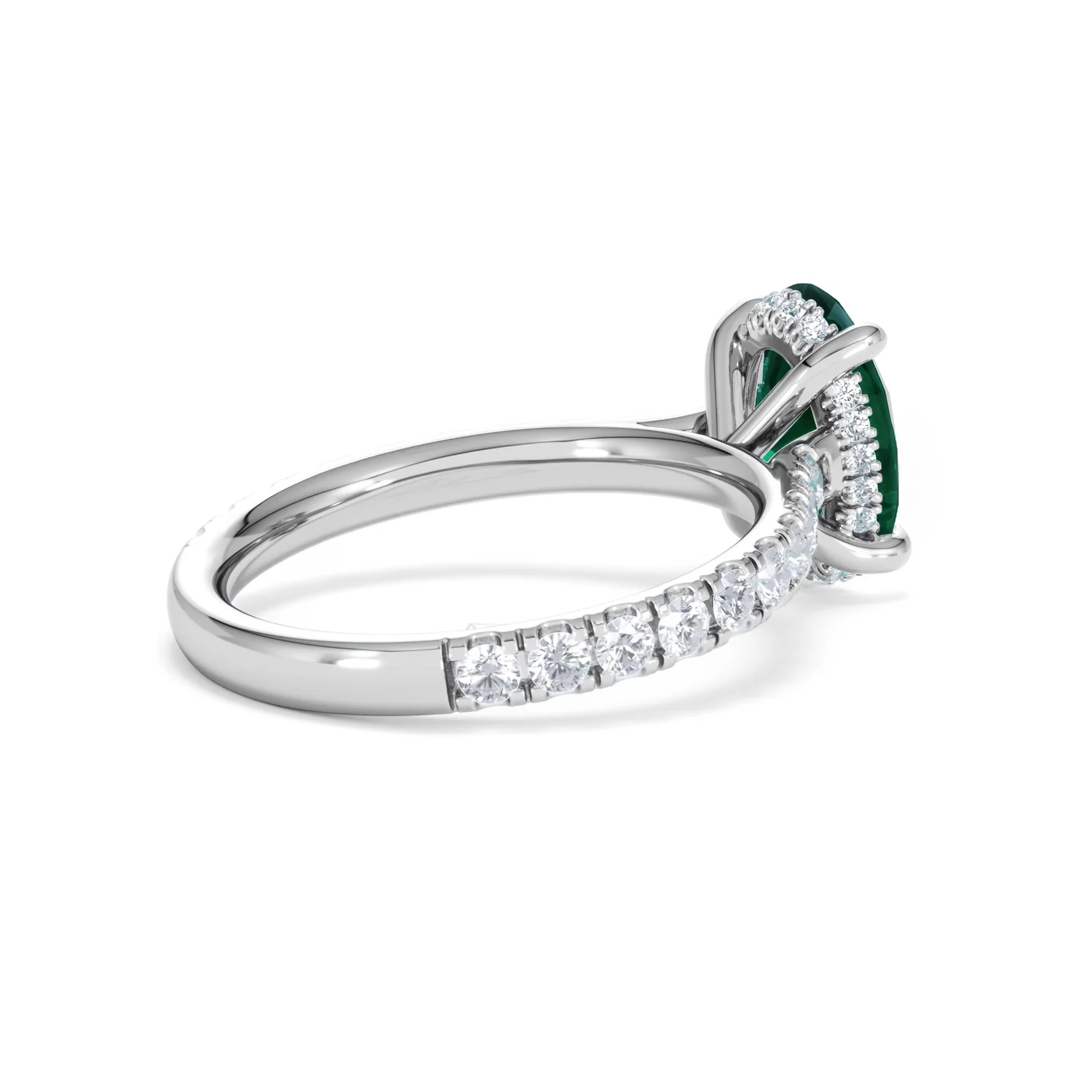 Amora Gem 2.00ct Oval Cut Lab Emerald Hidden Halo Engagement Ring with Side Stones in 18K White Gold - Image 36