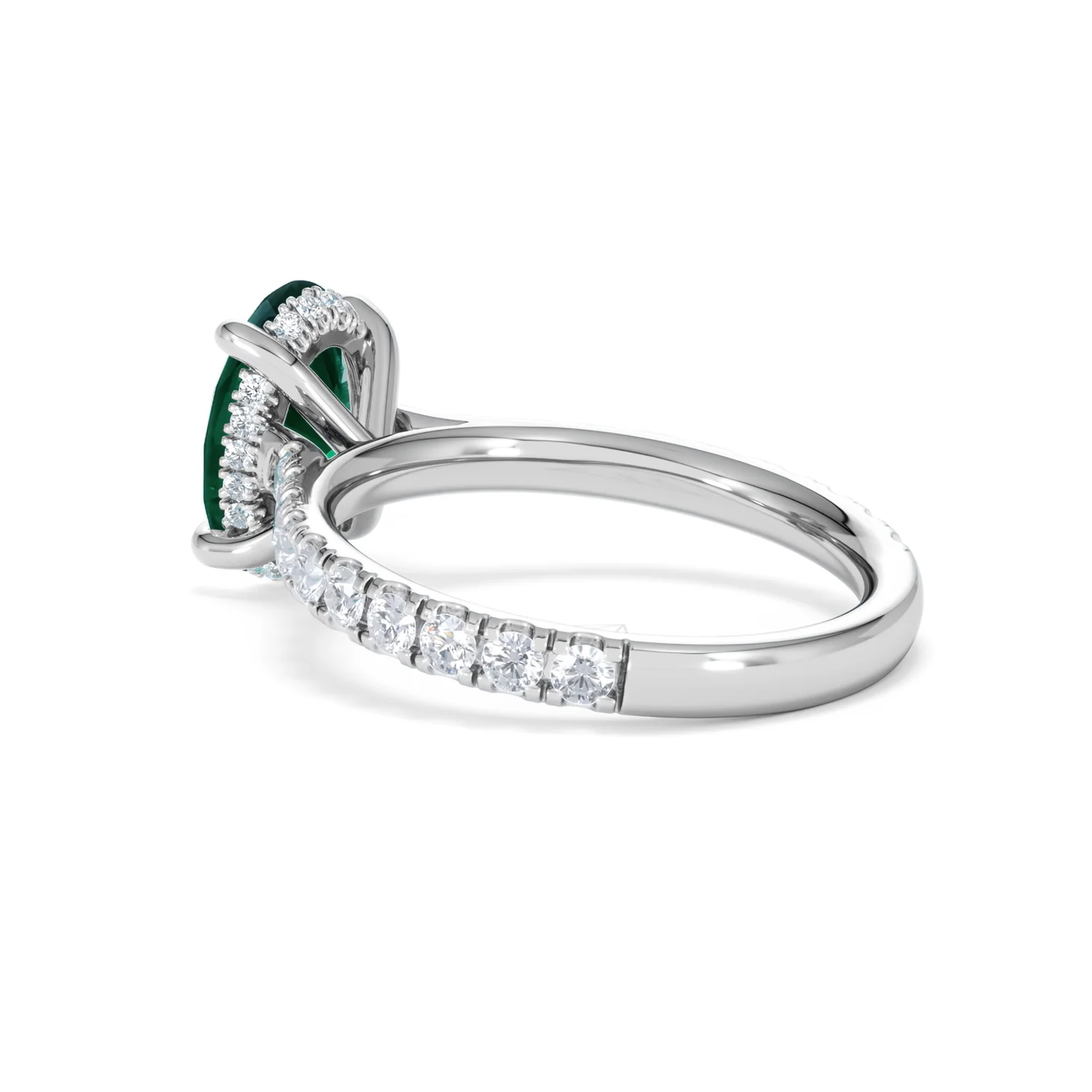 Amora Gem 2.00ct Oval Cut Lab Emerald Hidden Halo Engagement Ring with Side Stones in 18K White Gold - Image 59