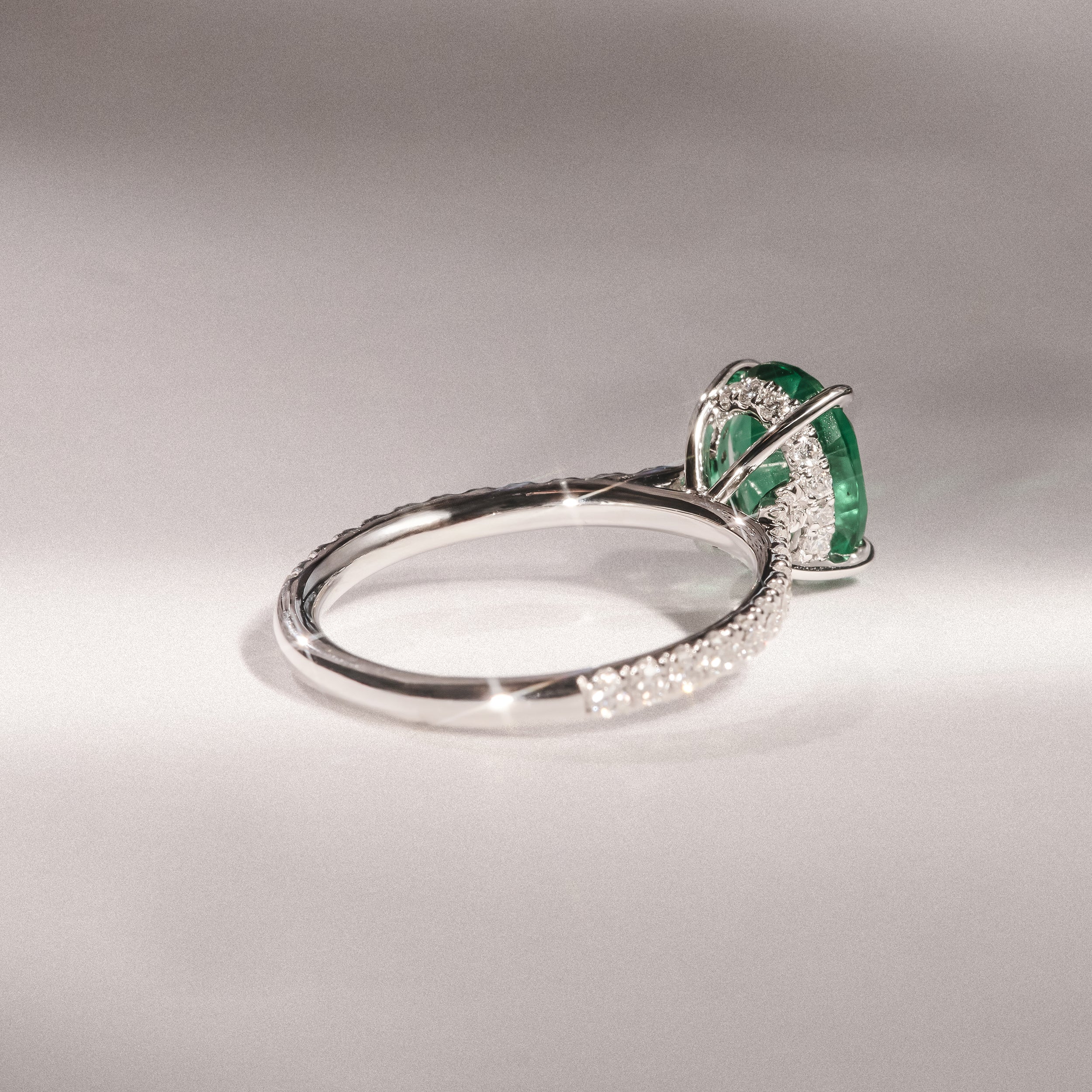 Amora Gem 2.00ct Oval Cut Lab Emerald Hidden Halo Engagement Ring with Side Stones in 18K White Gold - Image 6