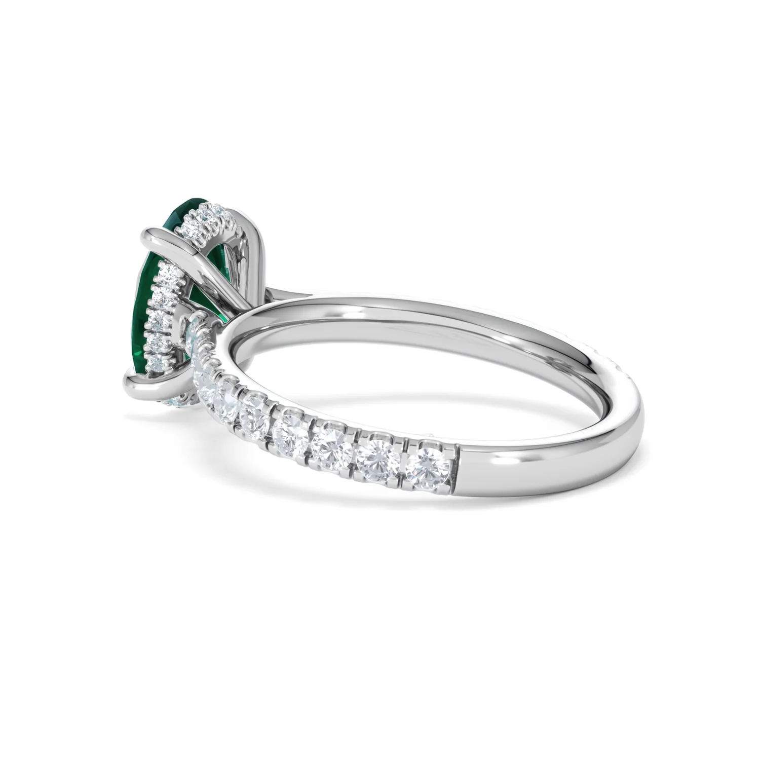 Amora Gem 2.00ct Oval Cut Lab Emerald Hidden Halo Engagement Ring with Side Stones in 18K White Gold - Image 60