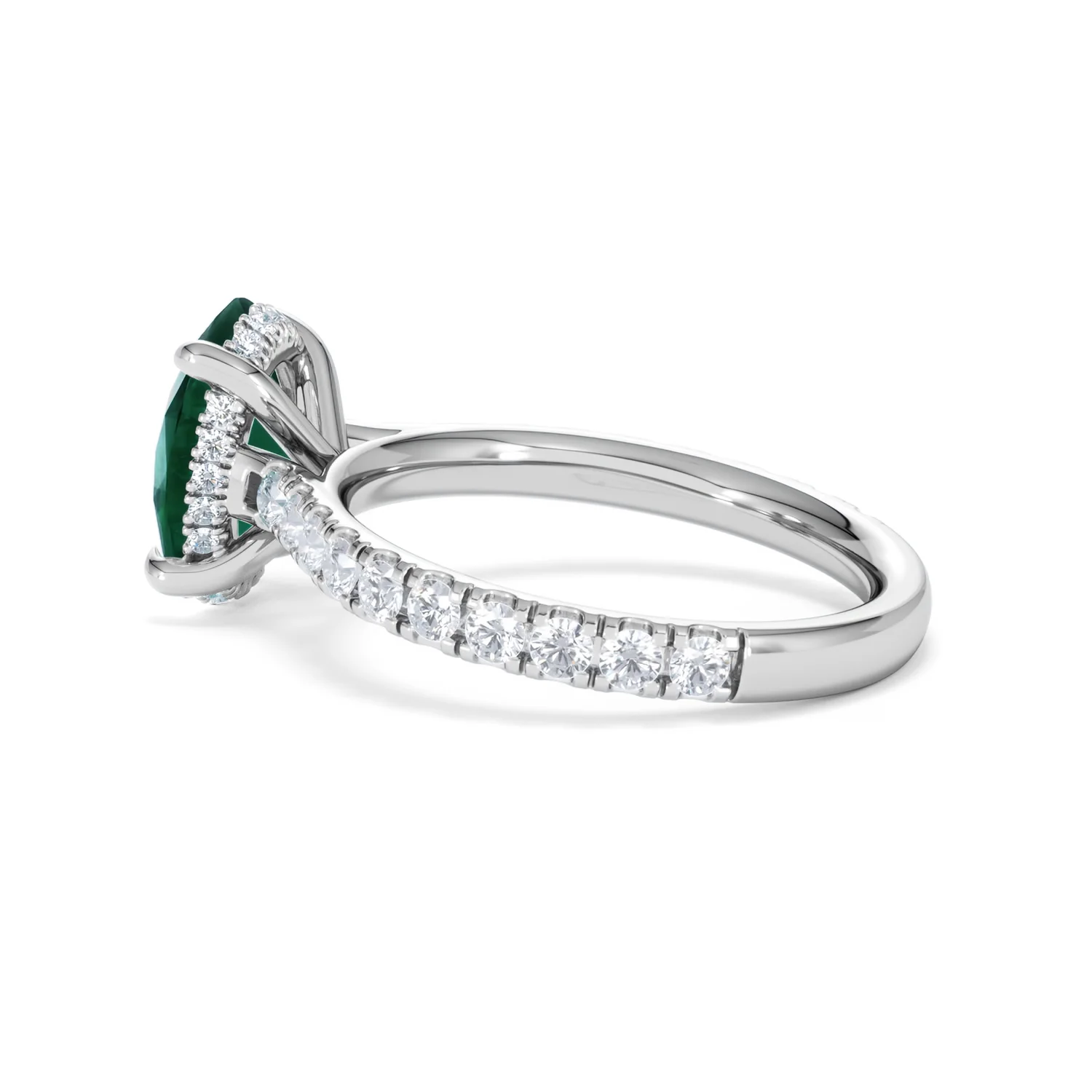 Amora Gem 2.00ct Oval Cut Lab Emerald Hidden Halo Engagement Ring with Side Stones in 18K White Gold - Image 63