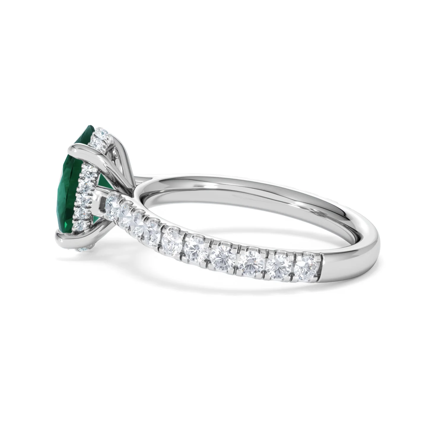 Amora Gem 2.00ct Oval Cut Lab Emerald Hidden Halo Engagement Ring with Side Stones in 18K White Gold - Image 65