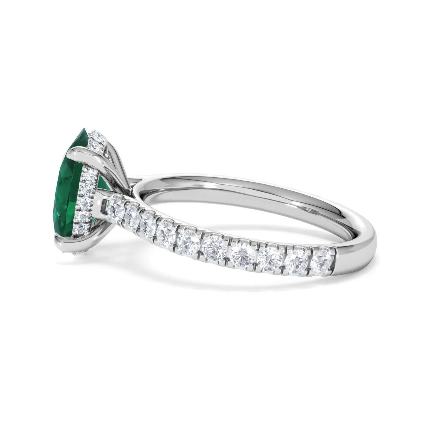 Amora Gem 2.00ct Oval Cut Lab Emerald Hidden Halo Engagement Ring with Side Stones in 18K White Gold - Image 67