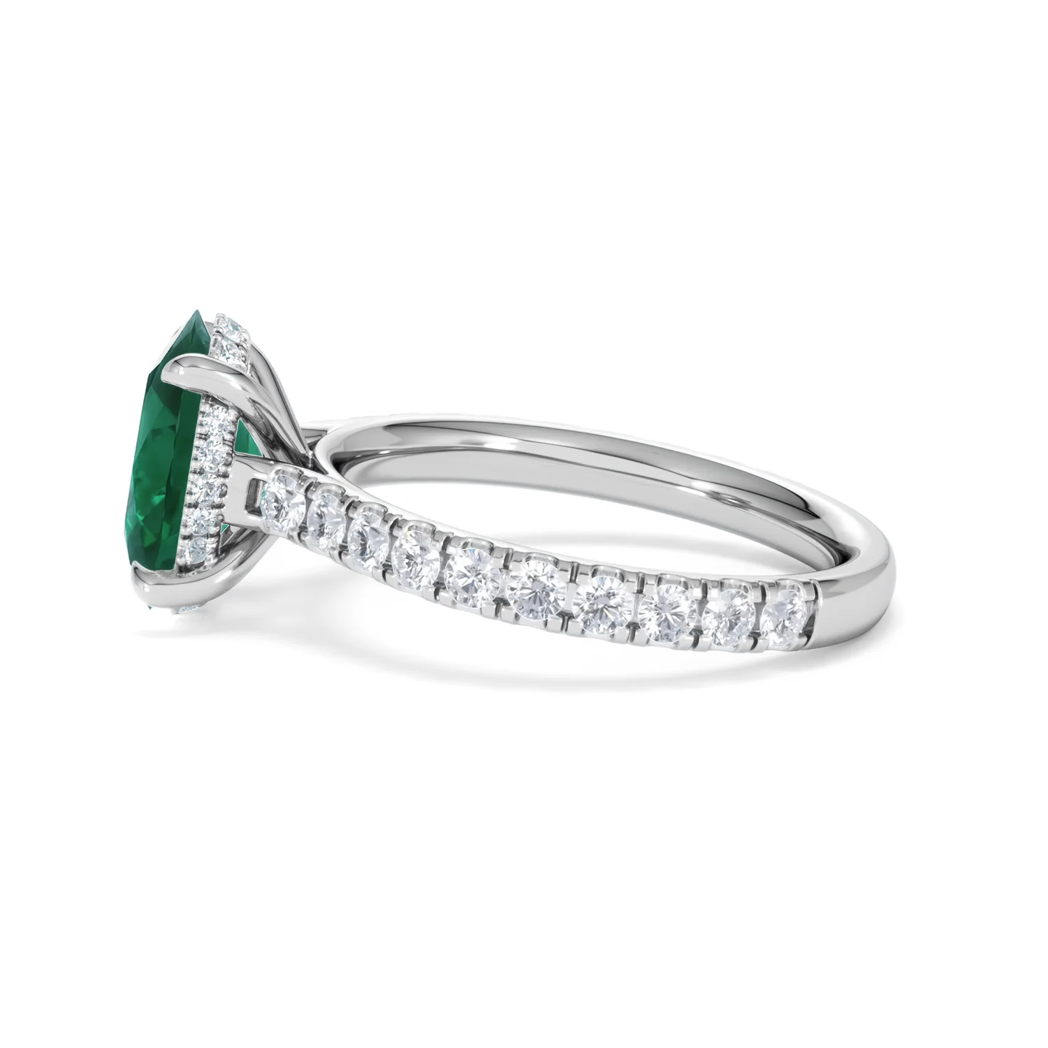 Amora Gem 2.00ct Oval Cut Lab Emerald Hidden Halo Engagement Ring with Side Stones in 18K White Gold - Image 68