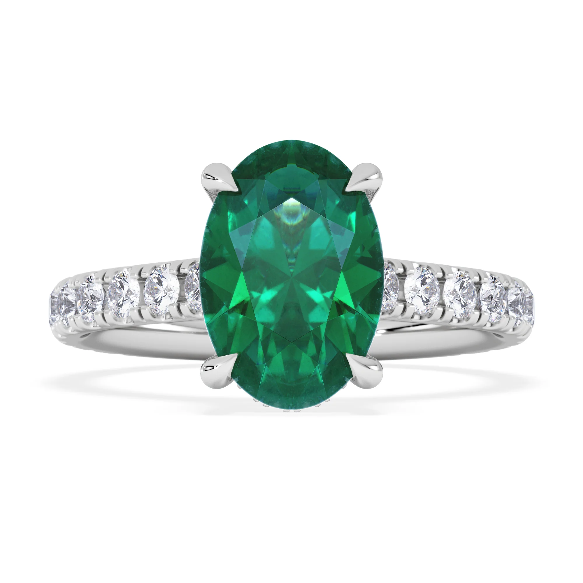 Amora Gem 2.00ct Oval Cut Lab Emerald Hidden Halo Engagement Ring with Side Stones in 18K White Gold - Image 7