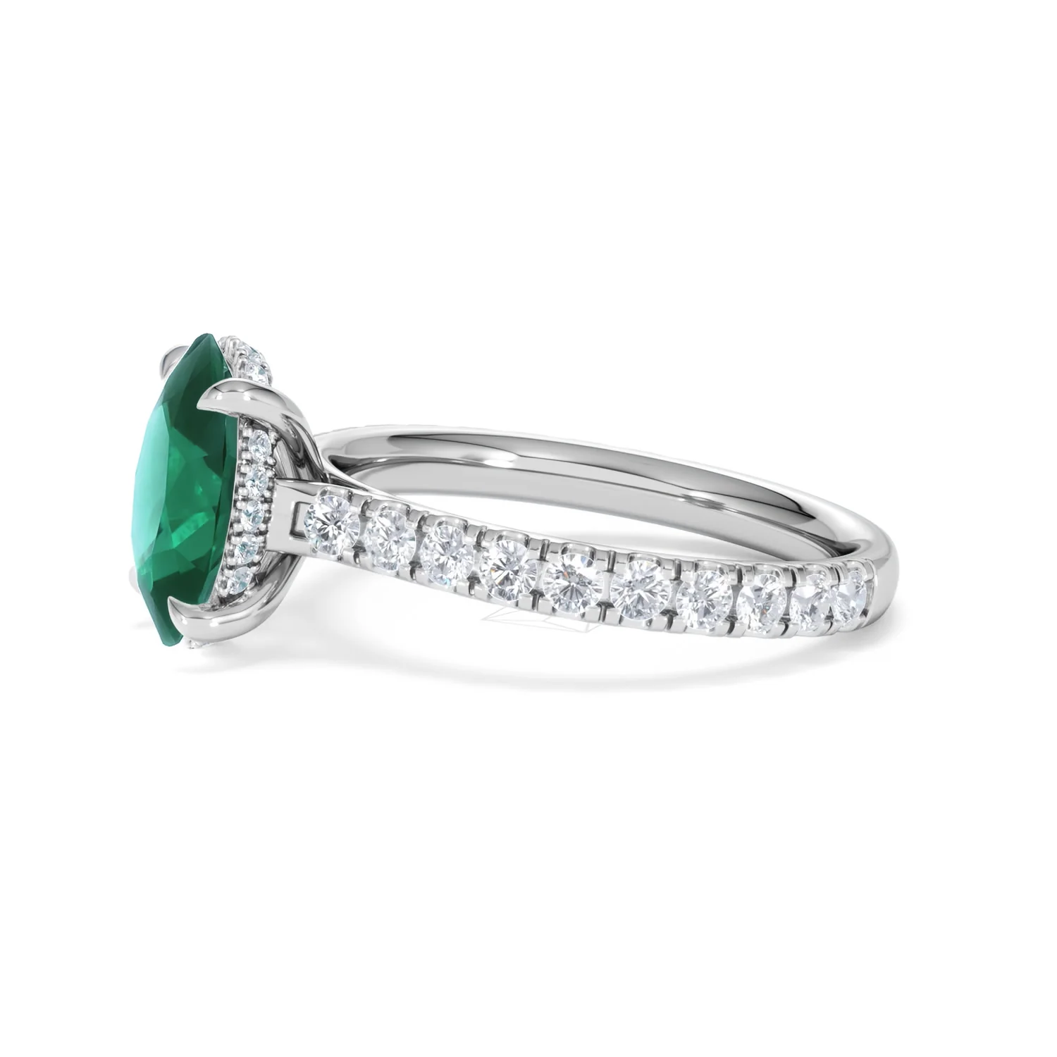Amora Gem 2.00ct Oval Cut Lab Emerald Hidden Halo Engagement Ring with Side Stones in 18K White Gold - Image 72