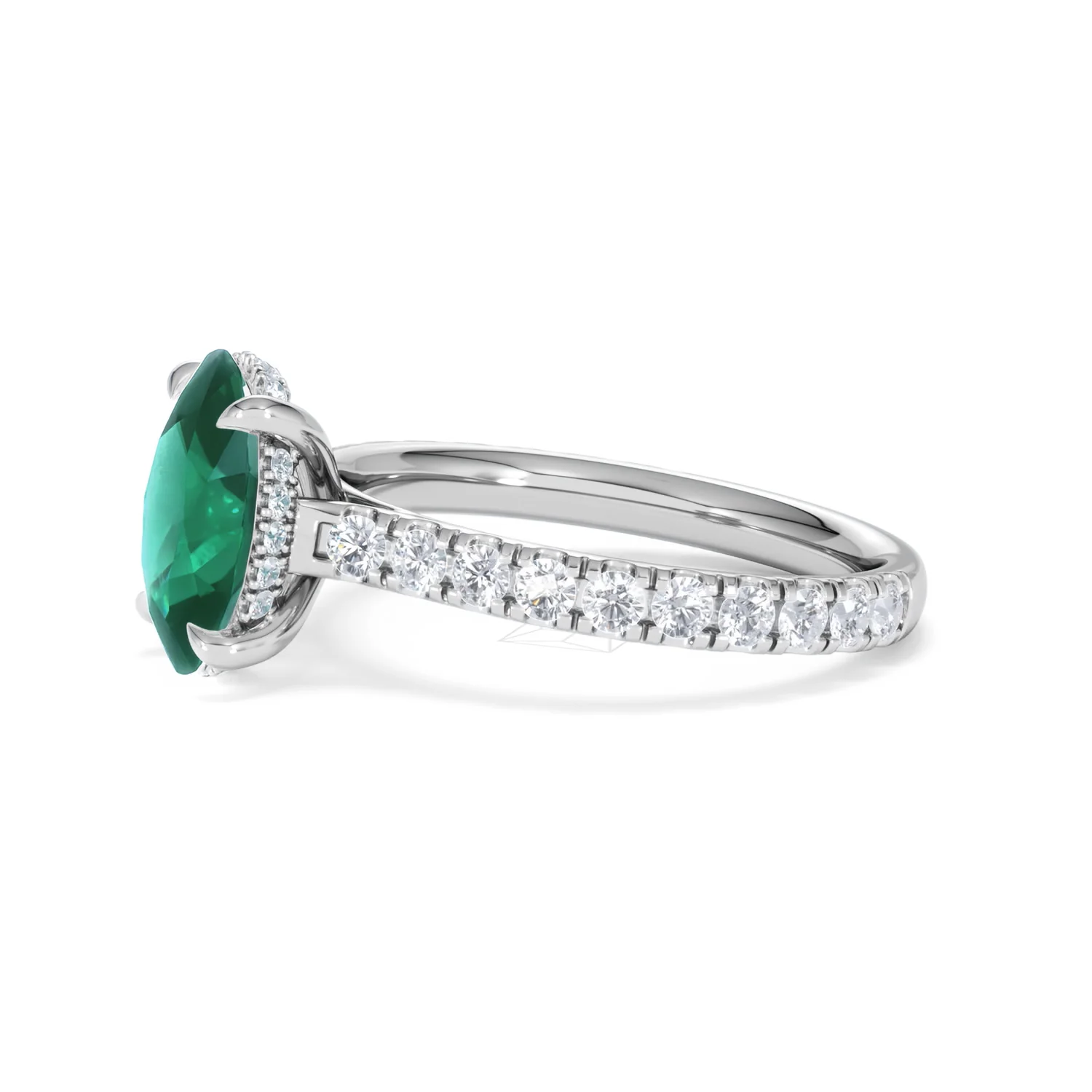 Amora Gem 2.00ct Oval Cut Lab Emerald Hidden Halo Engagement Ring with Side Stones in 18K White Gold - Image 73