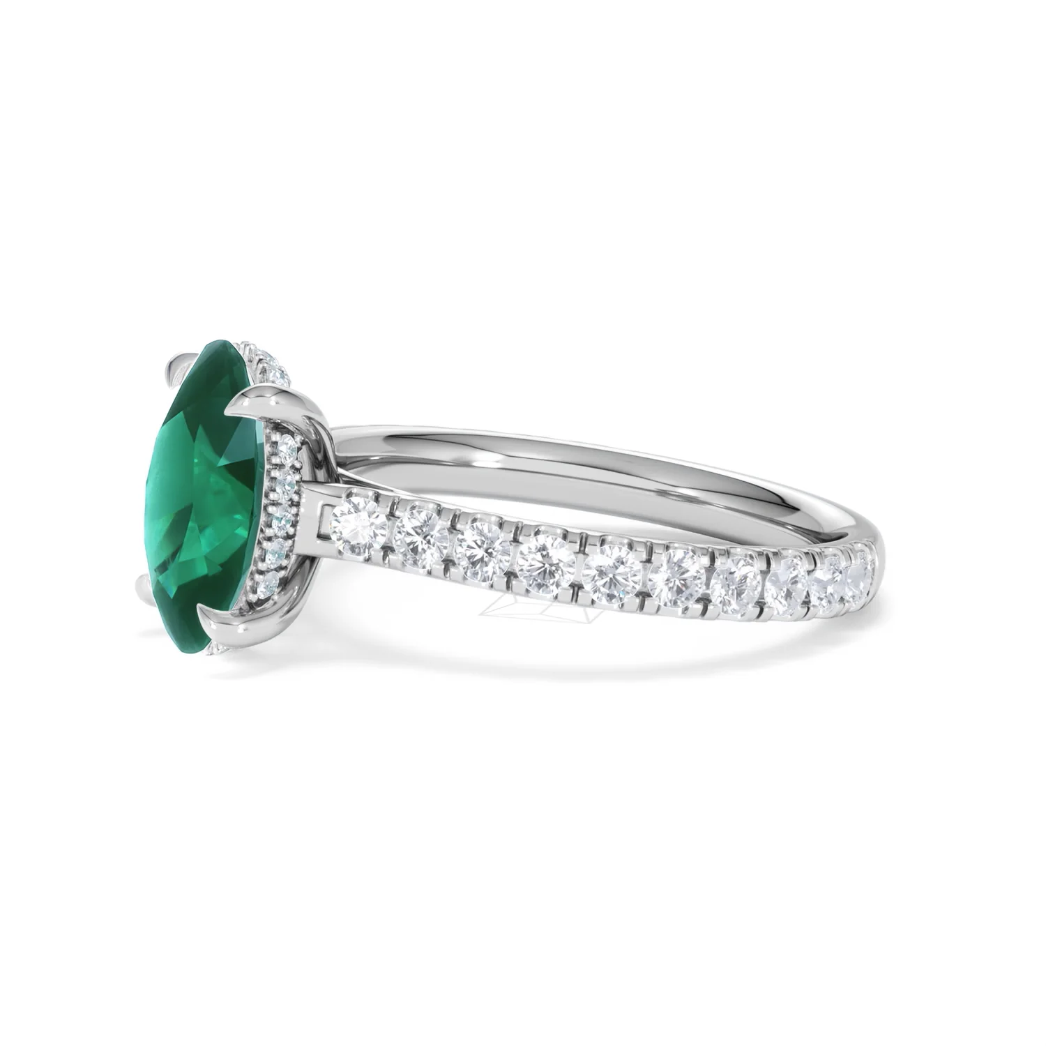 Amora Gem 2.00ct Oval Cut Lab Emerald Hidden Halo Engagement Ring with Side Stones in 18K White Gold - Image 74