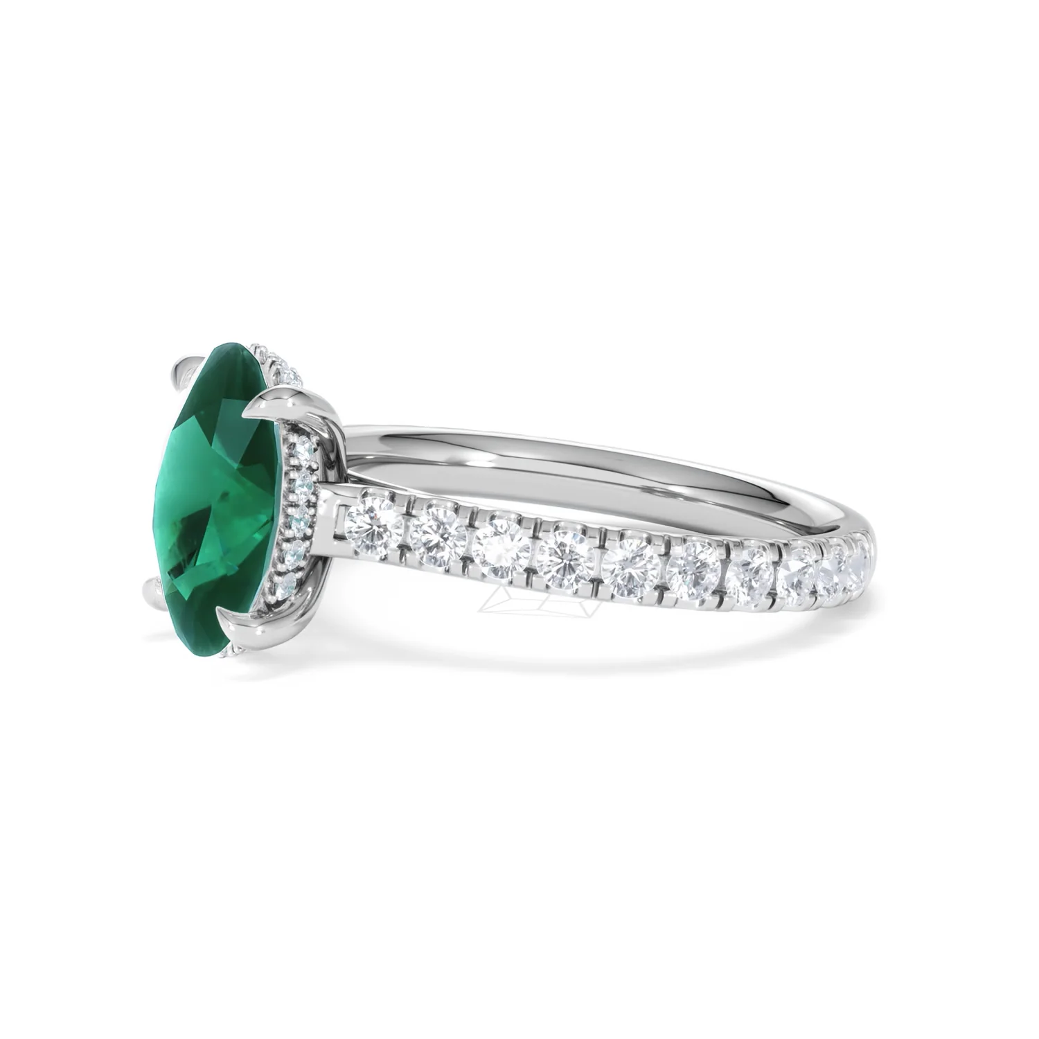 Amora Gem 2.00ct Oval Cut Lab Emerald Hidden Halo Engagement Ring with Side Stones in 18K White Gold - Image 75