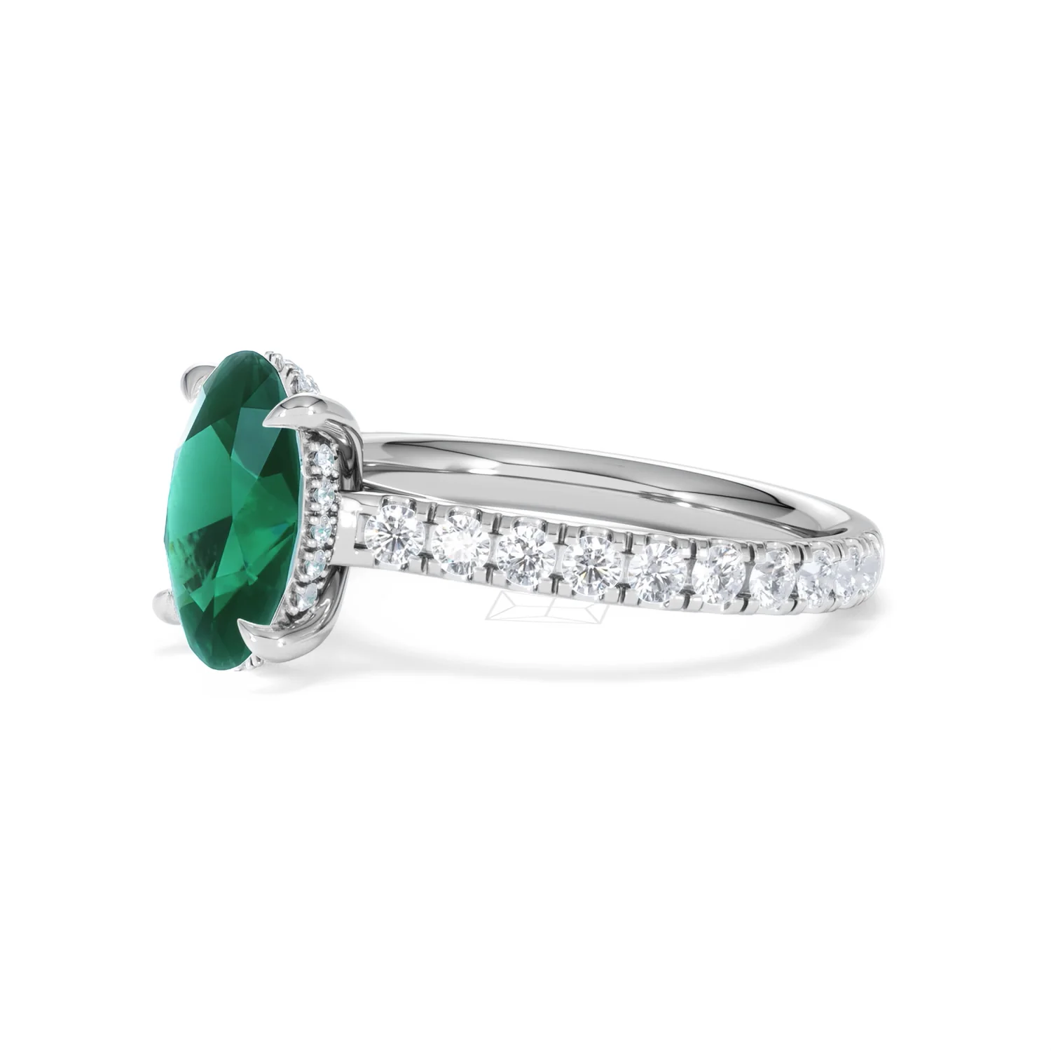 Amora Gem 2.00ct Oval Cut Lab Emerald Hidden Halo Engagement Ring with Side Stones in 18K White Gold - Image 76