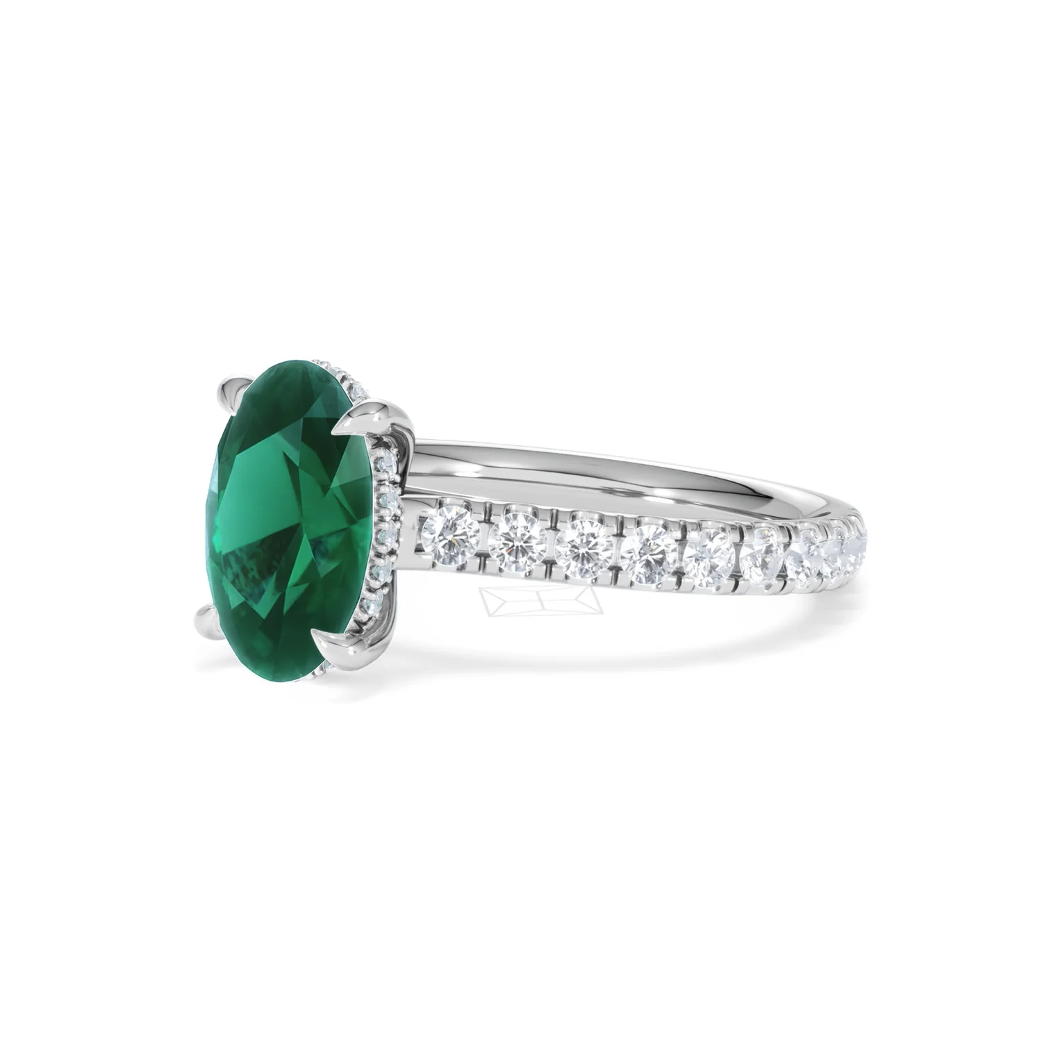 Amora Gem 2.00ct Oval Cut Lab Emerald Hidden Halo Engagement Ring with Side Stones in 18K White Gold - Image 79