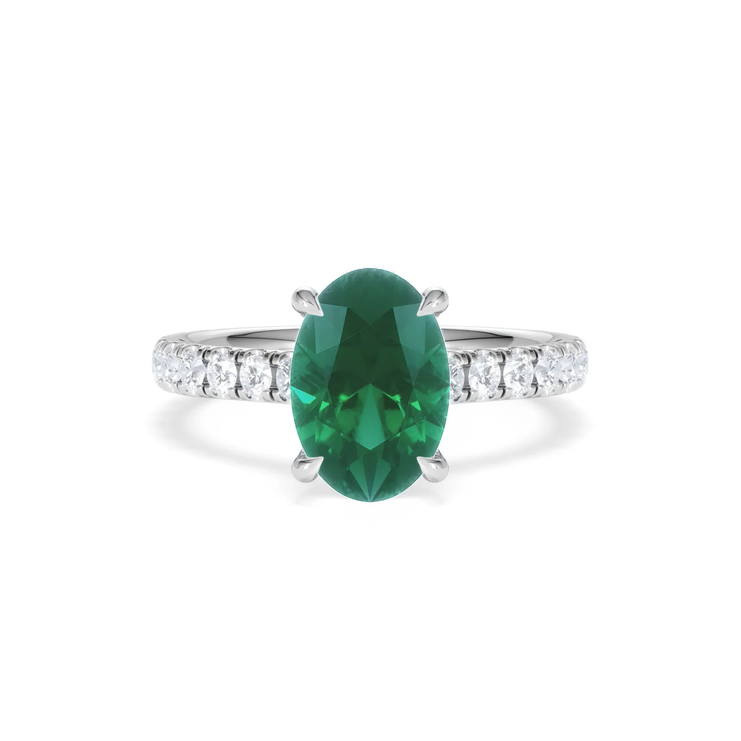 Amora Gem 2.00ct Oval Cut Lab Emerald Hidden Halo Engagement Ring with Side Stones in 18K White Gold - Image 8